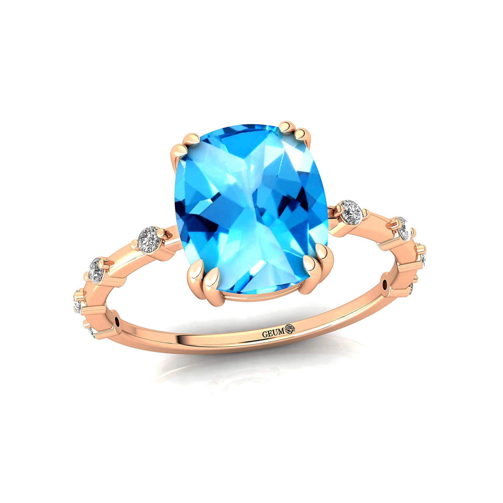 Cushion Cut Swiss Blue Topaz Engagement Ring with Distant Diamond Band - GeumJewels