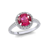 Classic Round Halo Diamonds with Solitaire Pink Sapphire Engagement Ring - GeumJewels