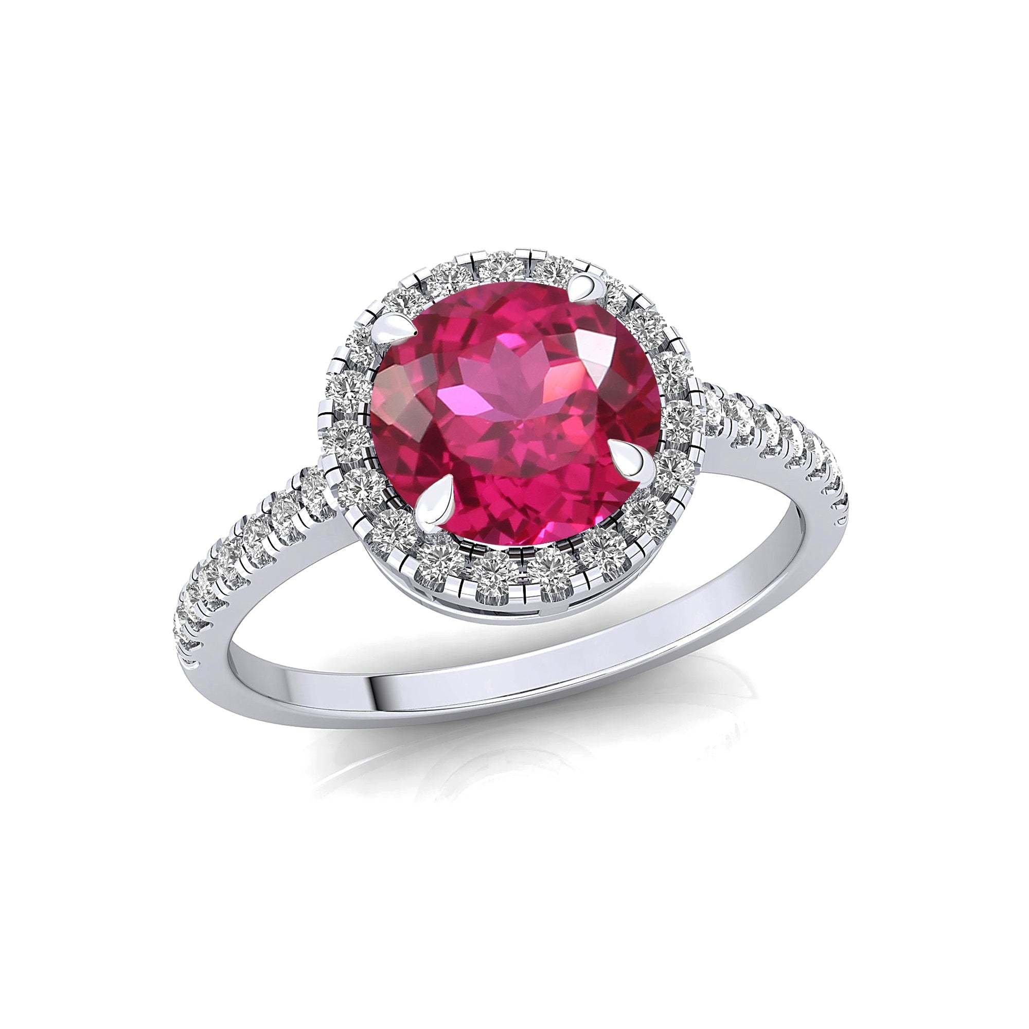 Classic Round Halo Diamonds with Solitaire Pink Sapphire Engagement Ring - GeumJewels