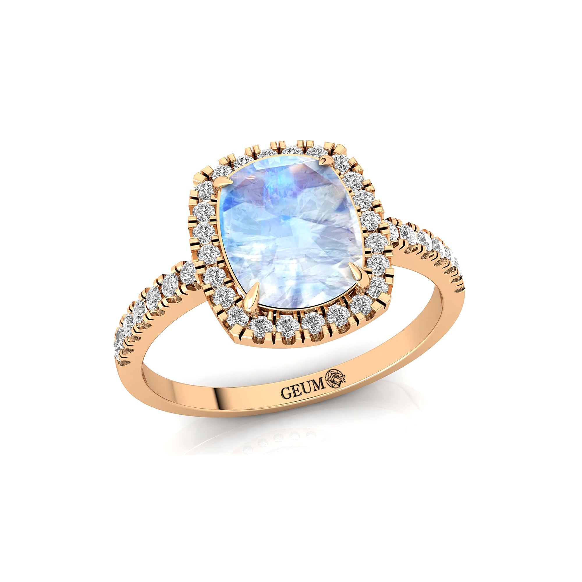 Elongated Cushion Halo Set Moonstone Engagement Ring with Diamond Band - GeumJewels
