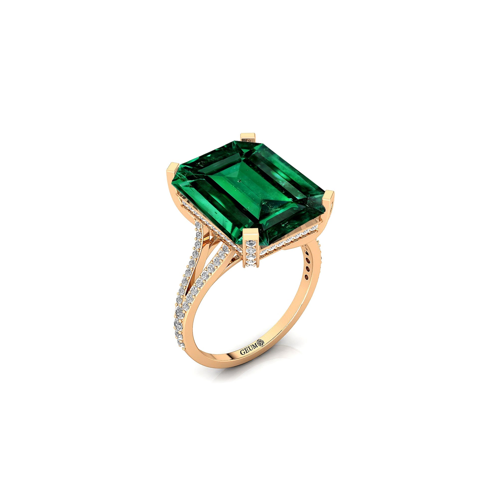 Emerald Cut Emerald Split Shank Engagement Ring with Diamonds - GeumJewels