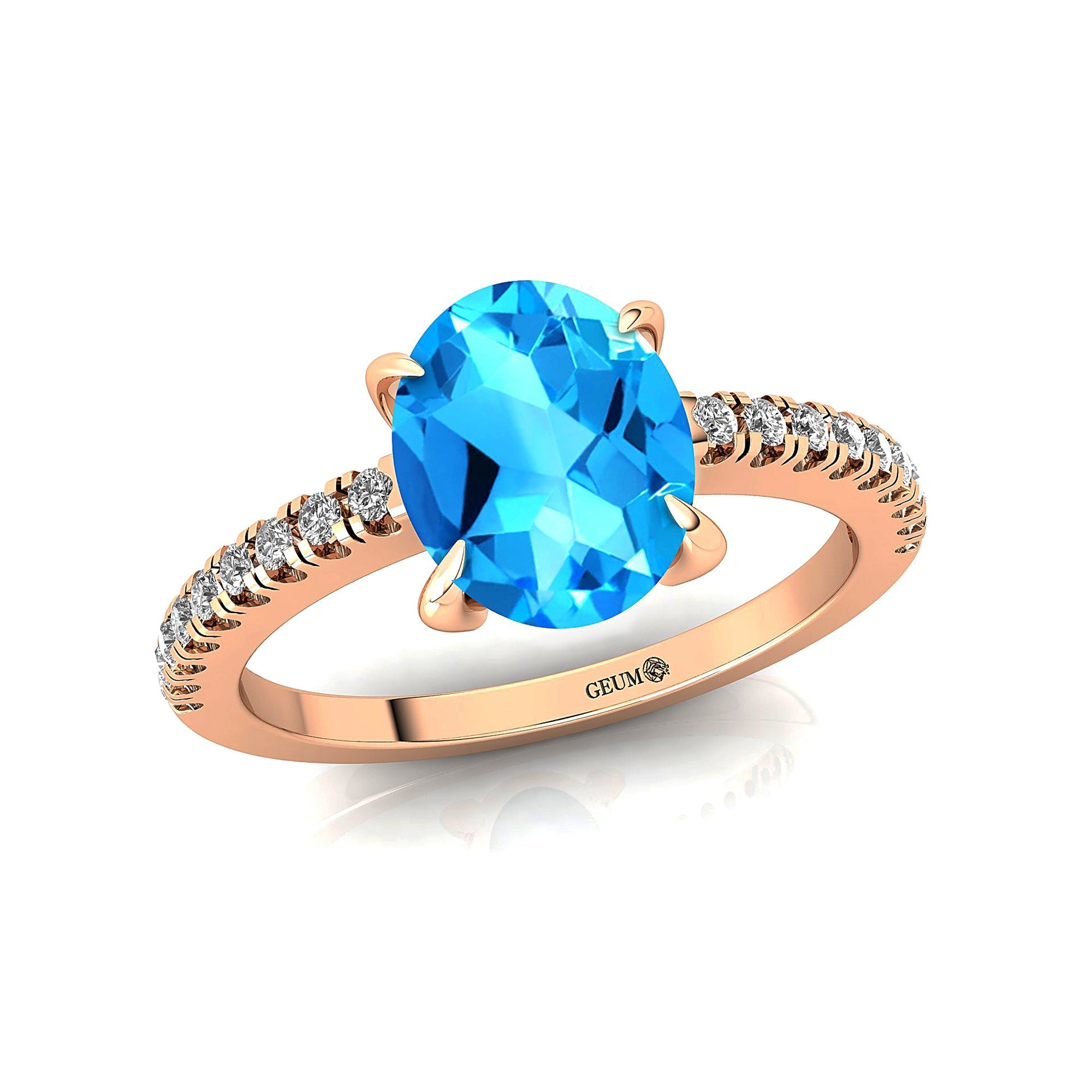Oval Solitaire Swiss Blue Topaz with Accent Diamonds Engagement Ring - GeumJewels