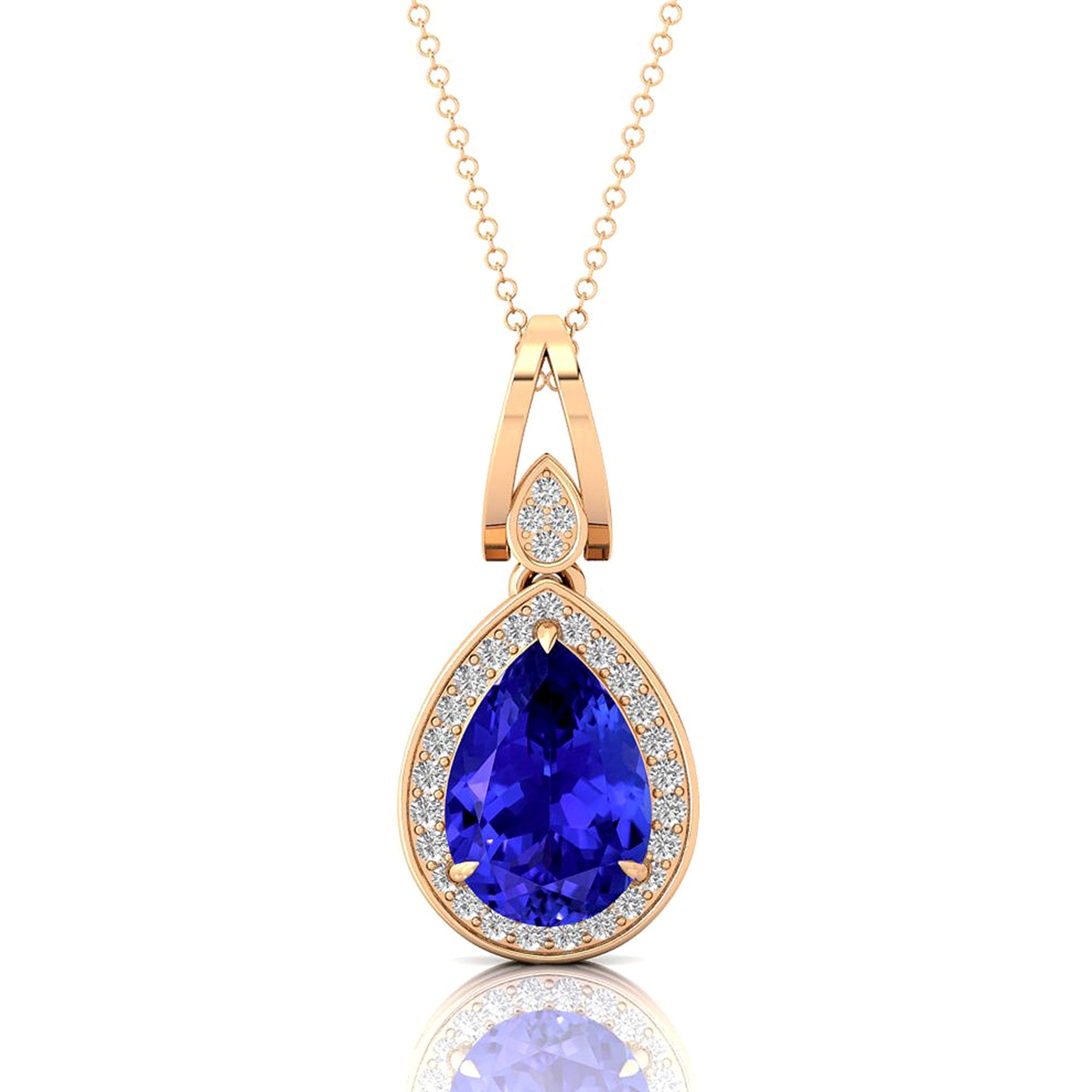 Classic Teardrop Shaped Tanzanite Halo Diamond Dangle Pendant - GeumJewels