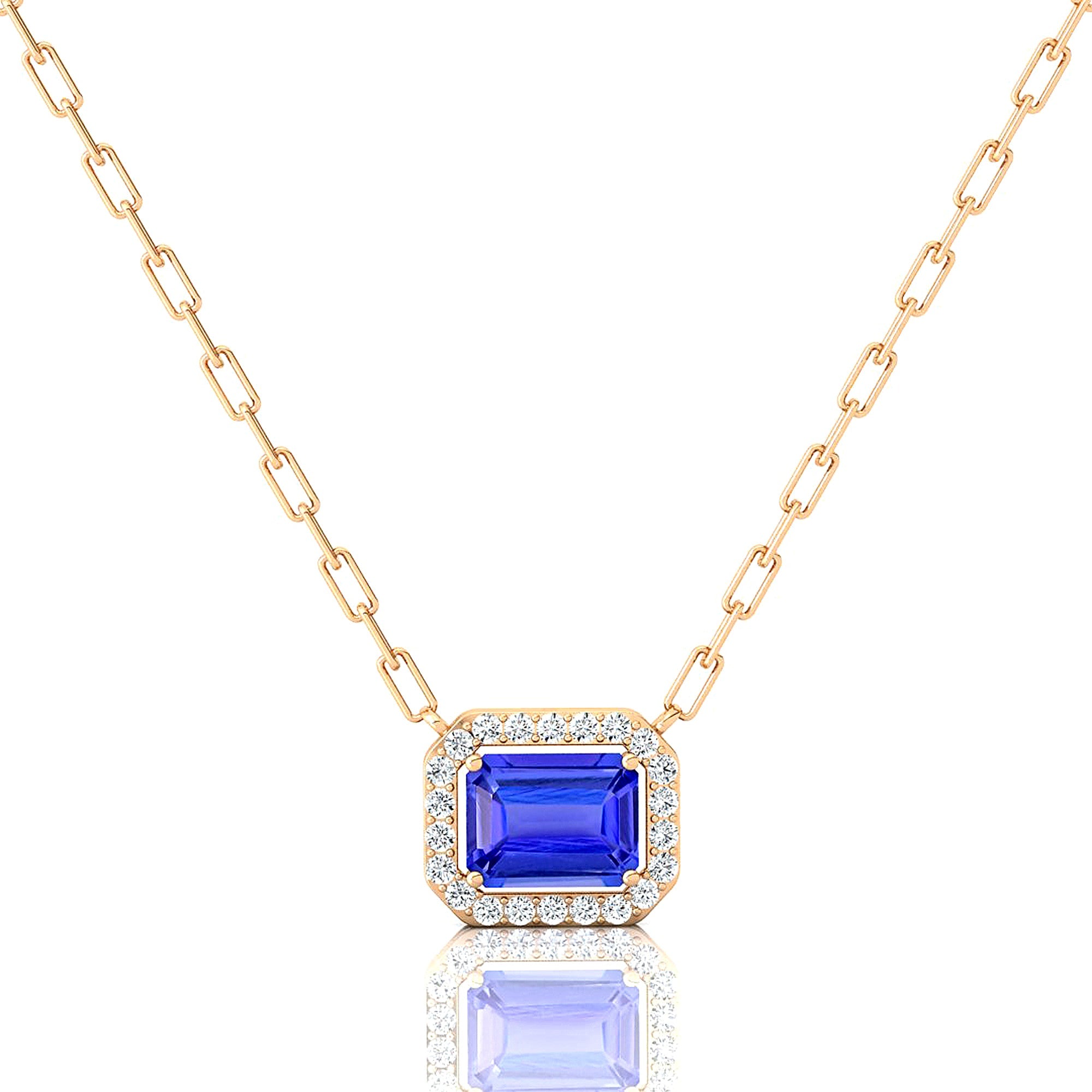 Emerald Cut Tanzanite Halo Set Diamond Necklace - GeumJewels
