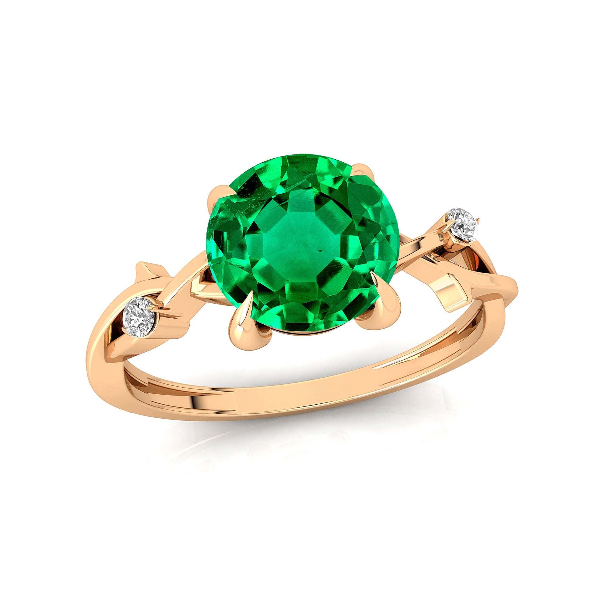 Criss Cross Nature Inspired Diamond Ring  with Round Emerald - GeumJewels