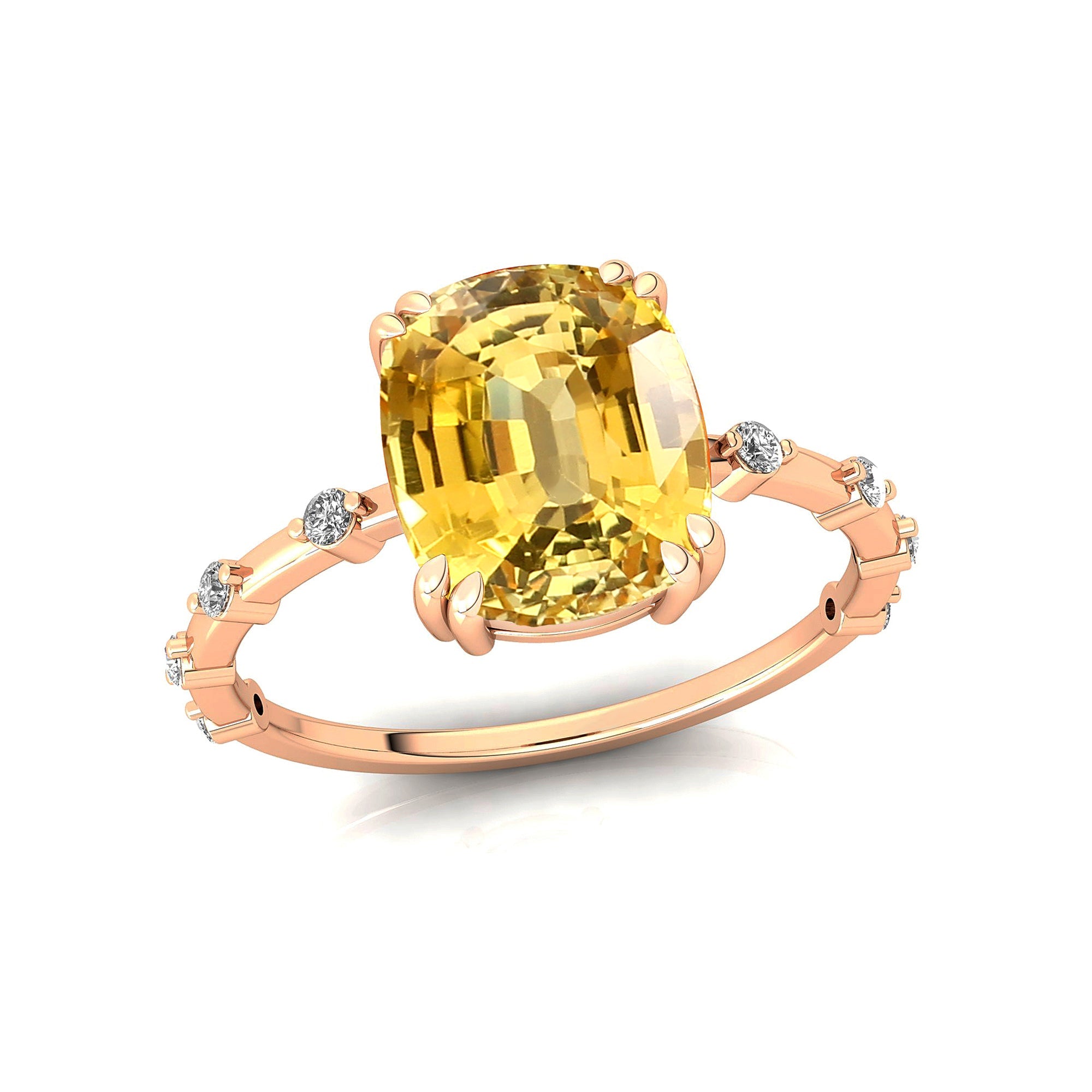 Cushion Cut Yellow Sapphire Engagement Ring with Distant Diamond Band - GeumJewels