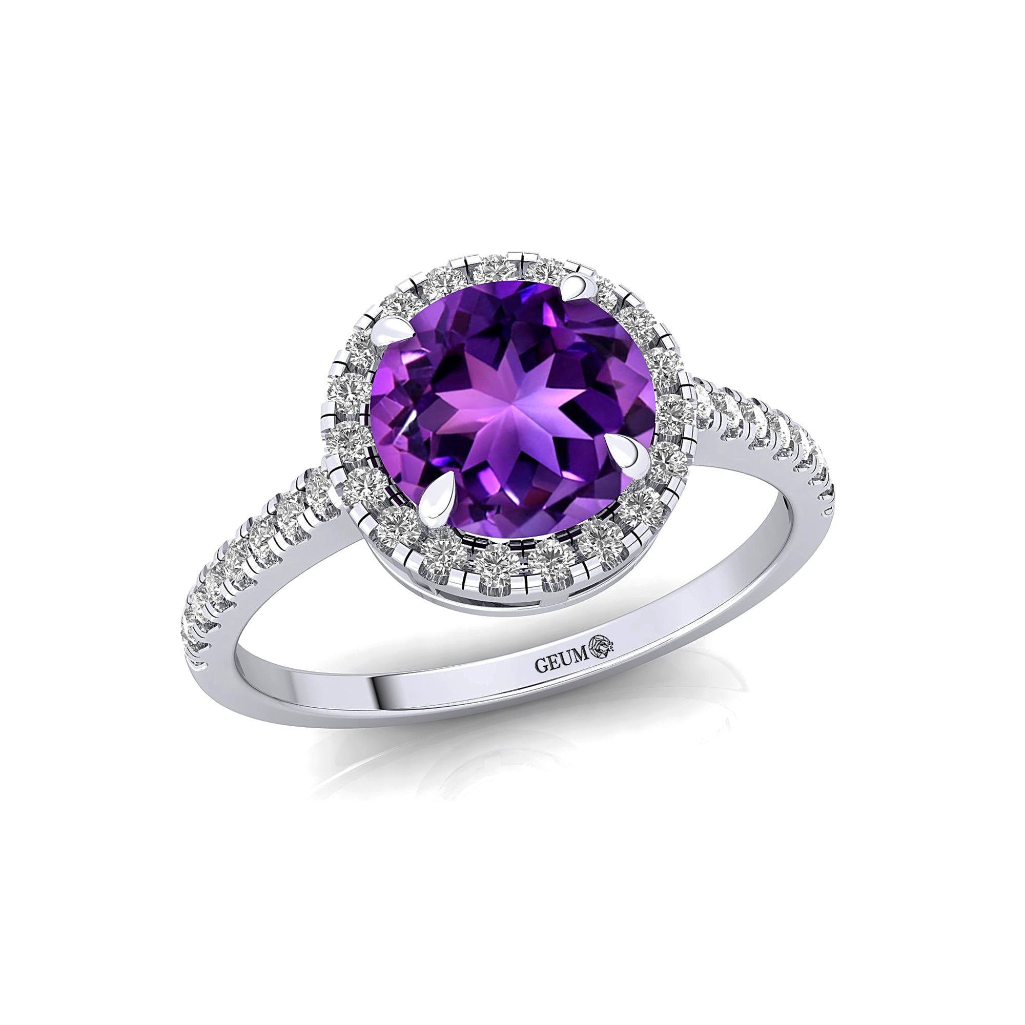 Classic Round Halo Diamonds with Solitaire Amethyst Engagement Ring - GeumJewels