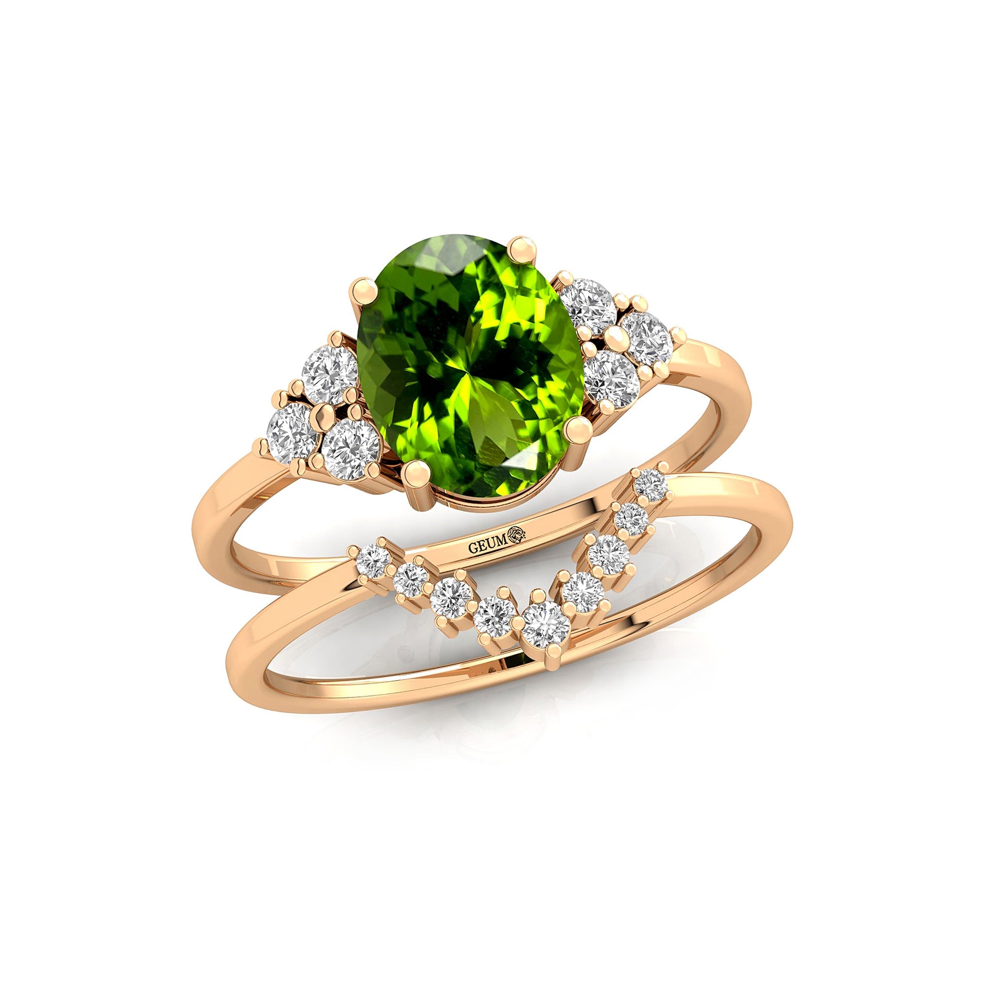Peridot Solitaire Gold Ring With Stackable Diamond Band - GeumJewels