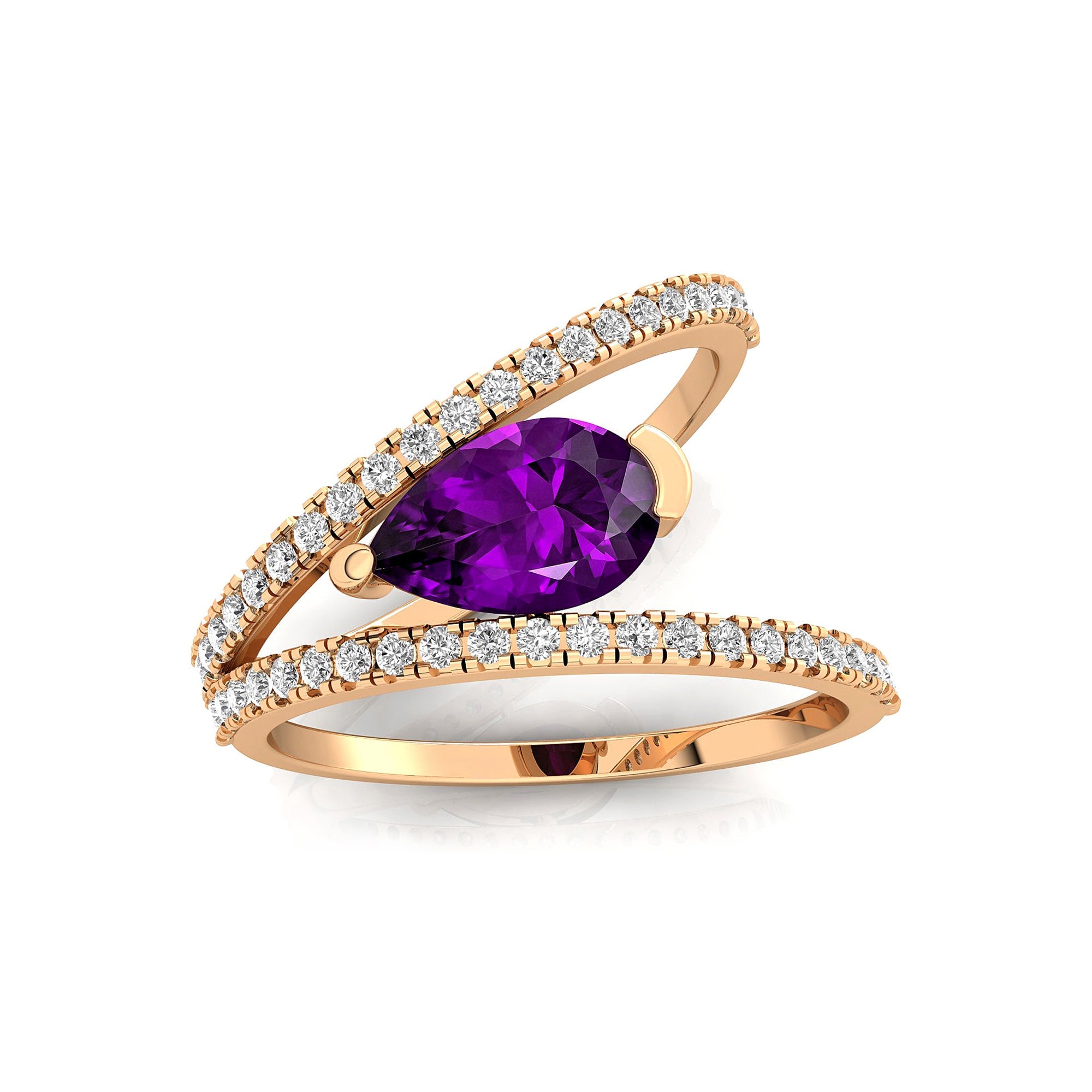 Fashionable V Shaped Diamond Ring with Pear Cut Amethyst - GeumJewels