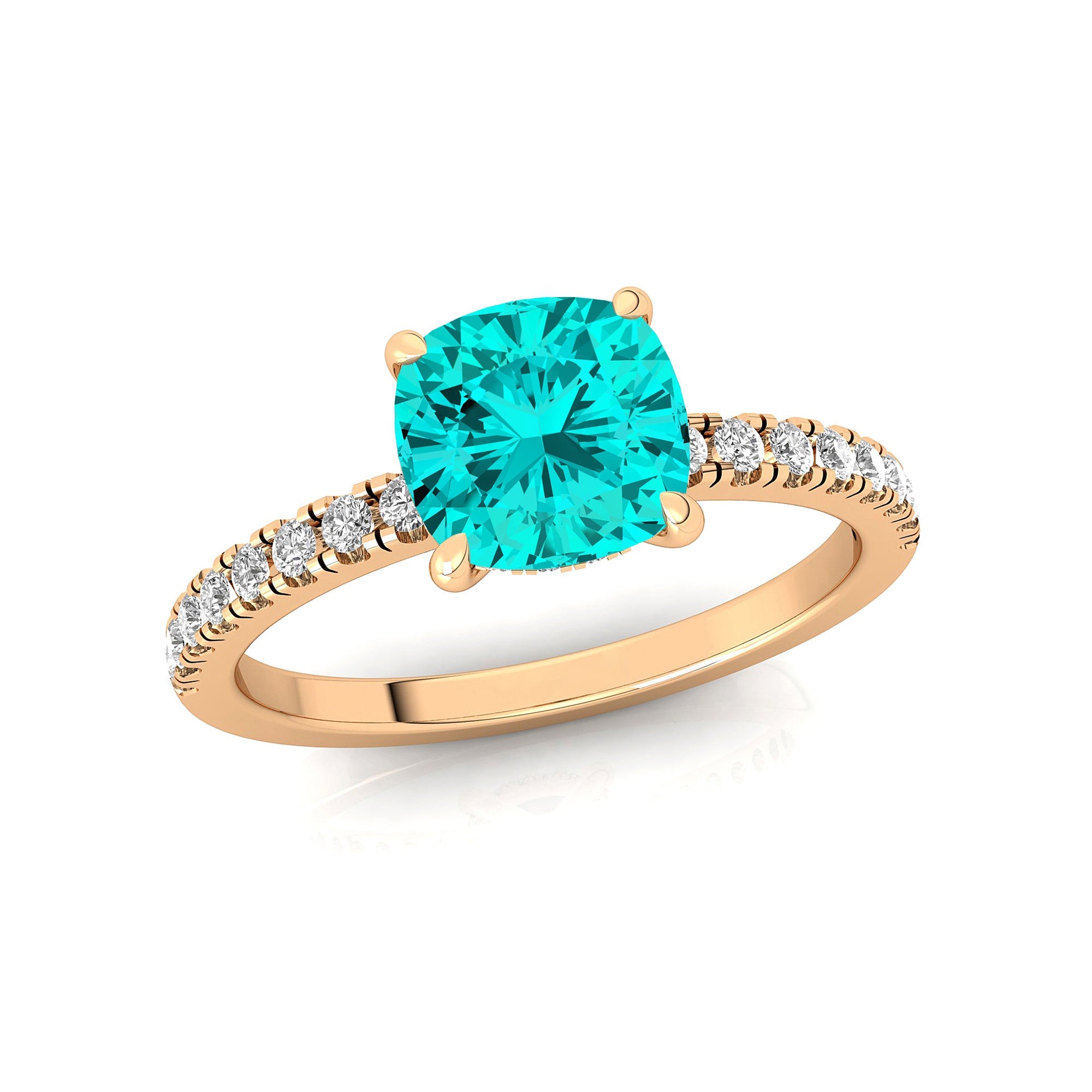 Paraiba Tourmaline Square Cushion Under Halo Diamonds Thin Ring with Diamond Band - GeumJewels