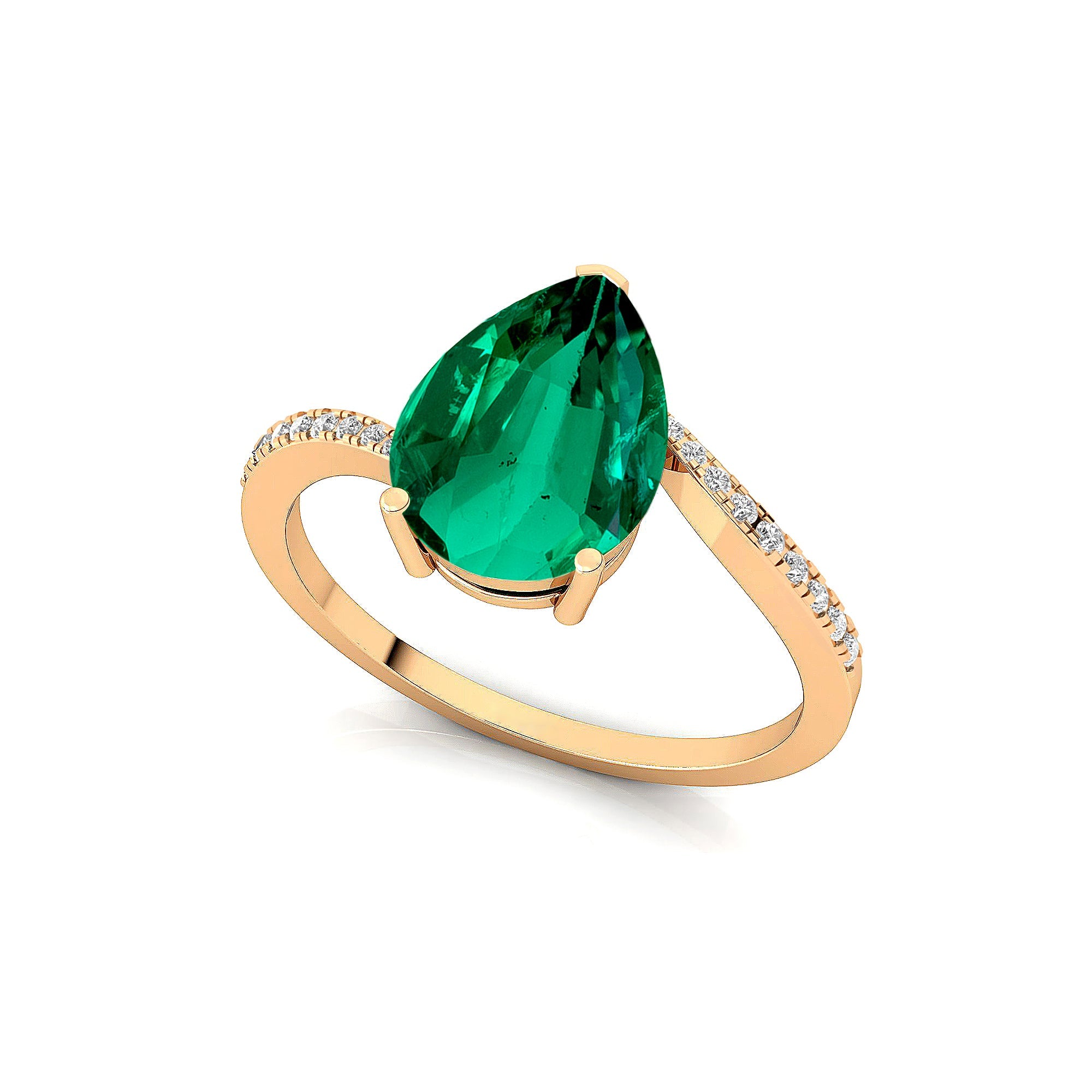 Twisted Up Down Band Pear Shaped Emerald Ring with Accent Diamonds - GeumJewels
