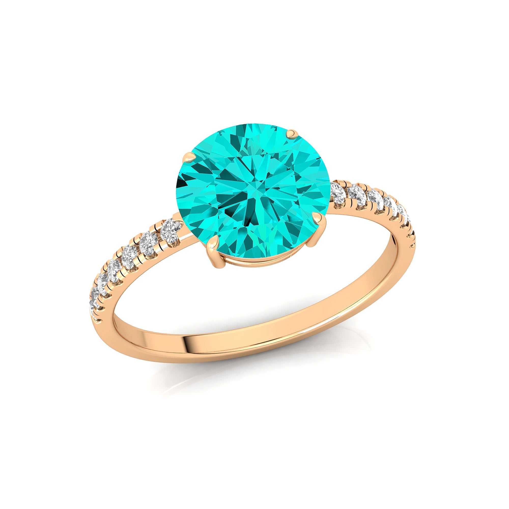 Classic Six Prong Round Solitaire Paraiba Tourmaline Ring with Accent Diamond Band - GeumJewels
