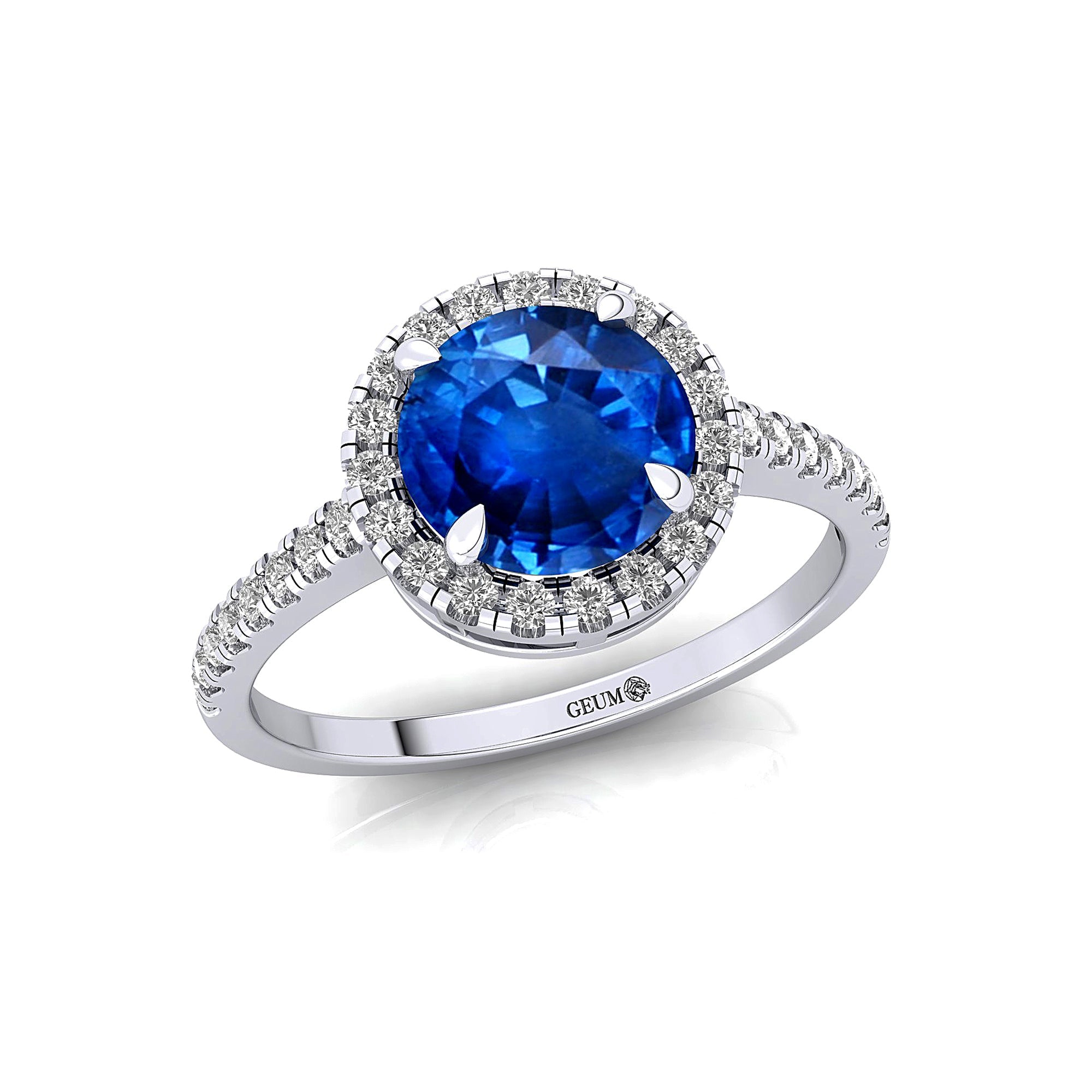 Classic Round Halo Diamonds with Solitaire Blue Sapphire Engagement Ring - GeumJewels