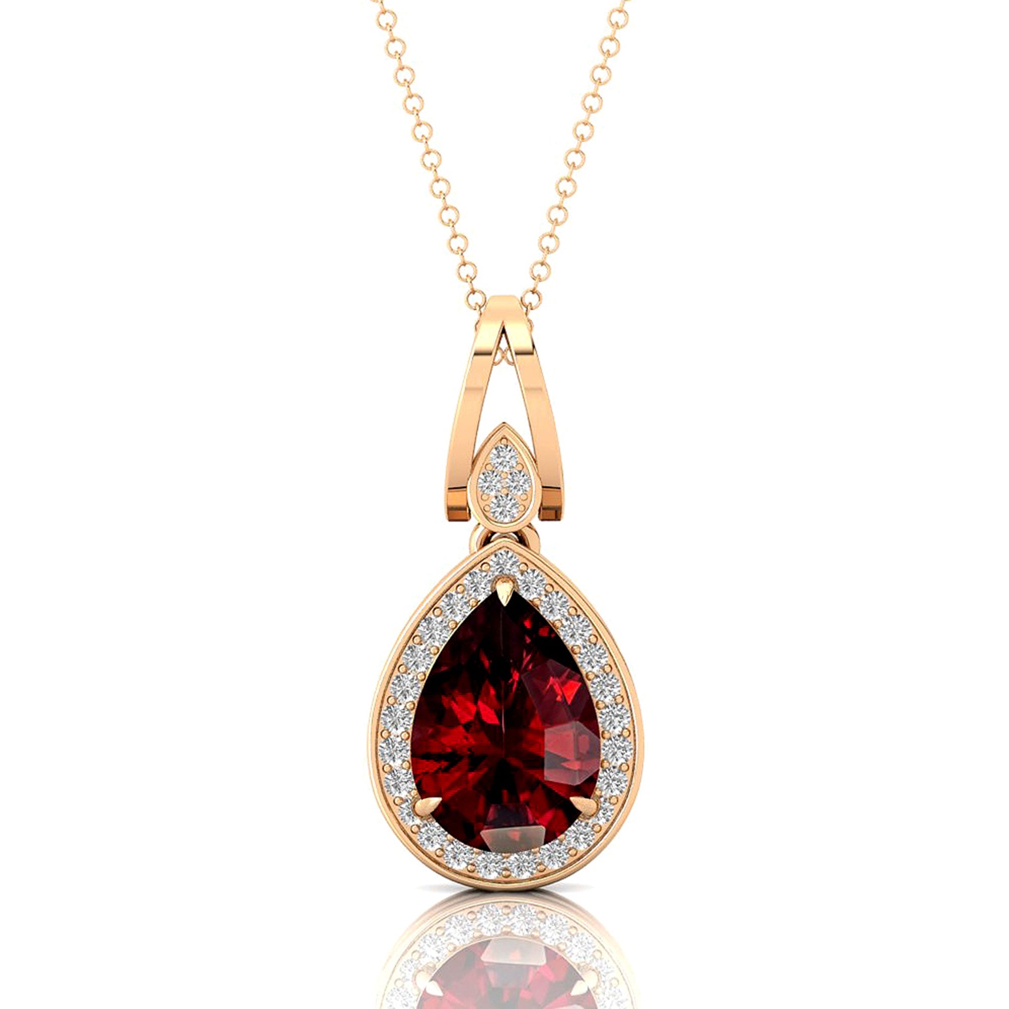 Classic Teardrop Shaped Garnet Halo Diamond Dangle Pendant - GeumJewels