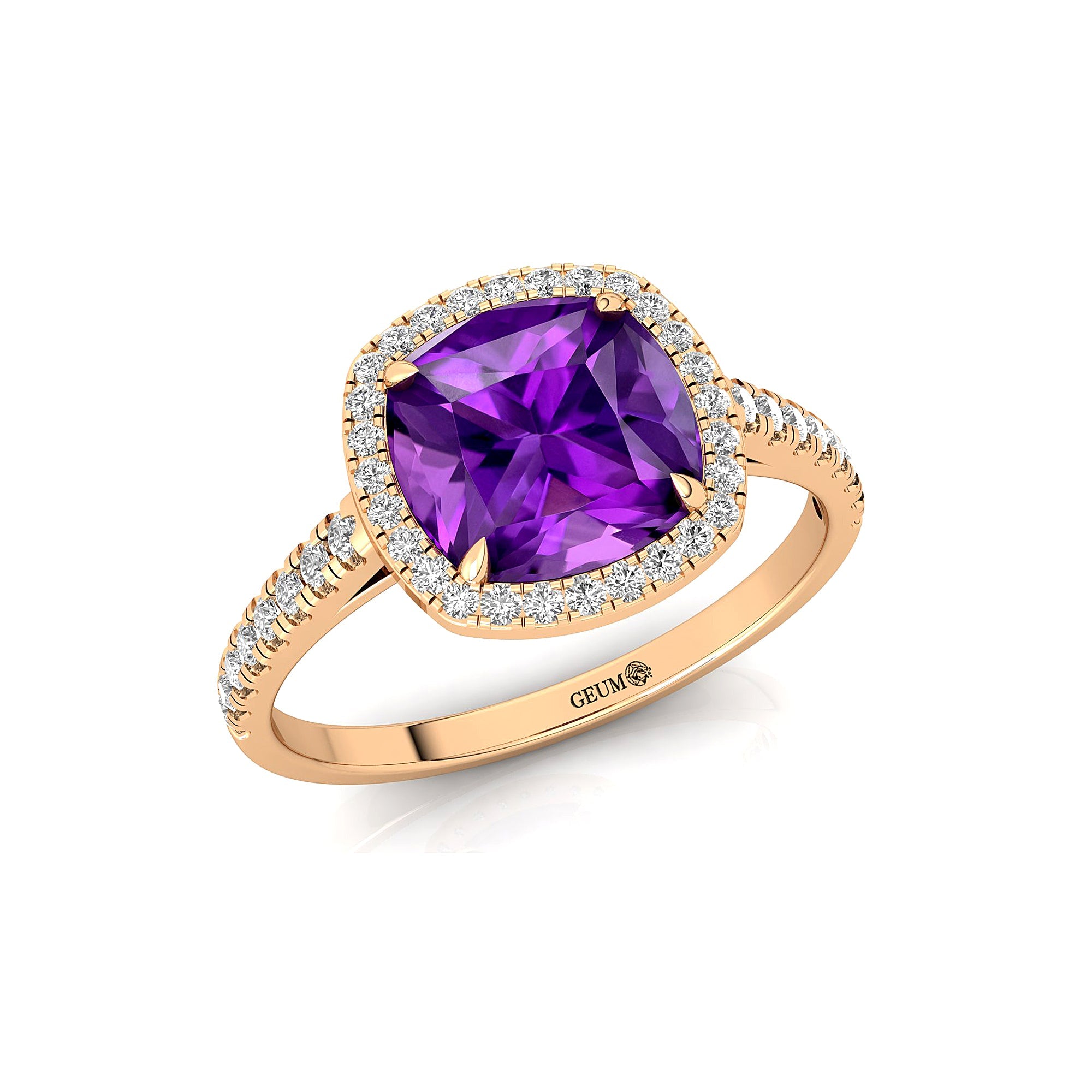 Halo Diamond Engagement Ring with Cushion Cut Amethyst - GeumJewels
