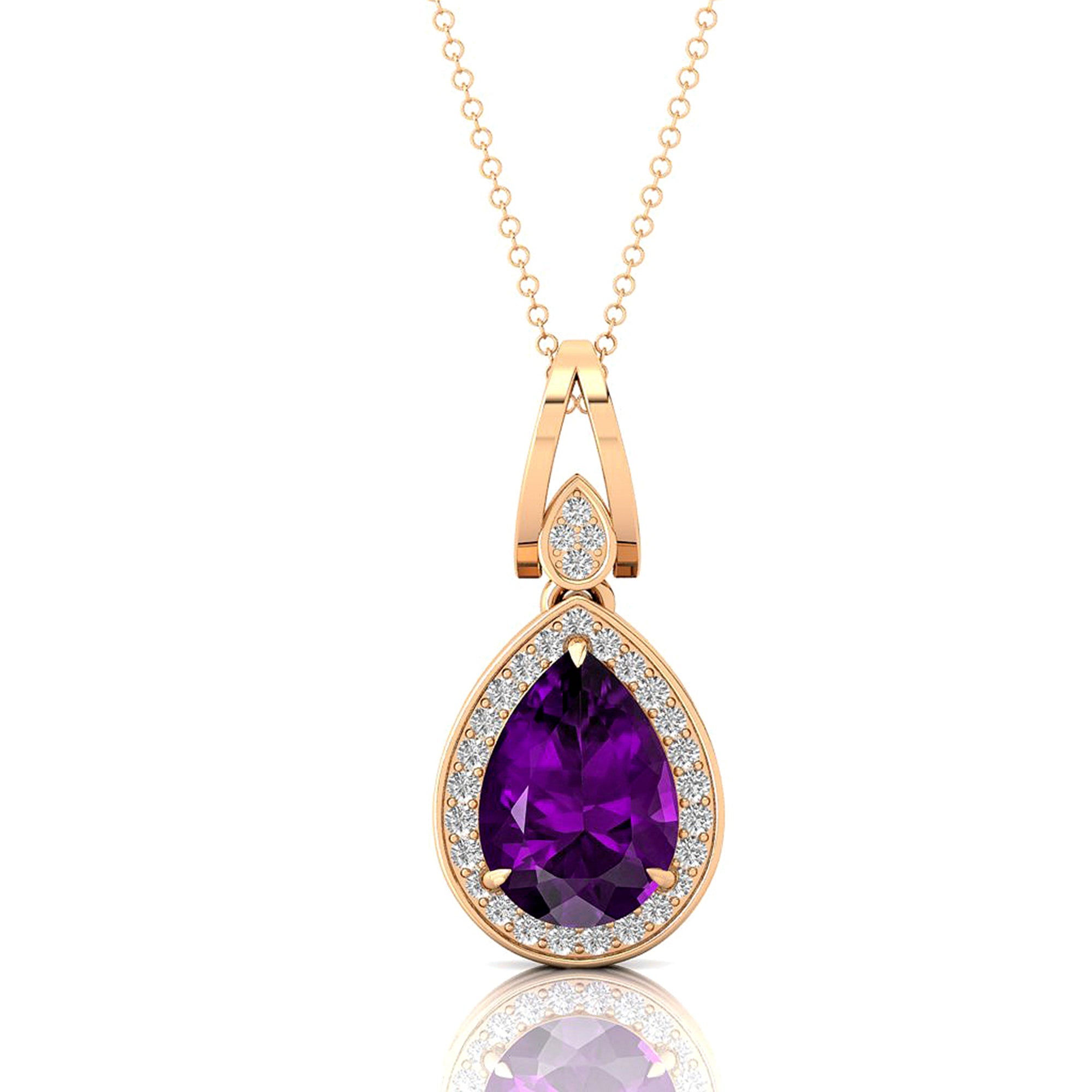 Classic Teardrop Shaped Amethyst Halo Diamond Dangle Pendant - GeumJewels
