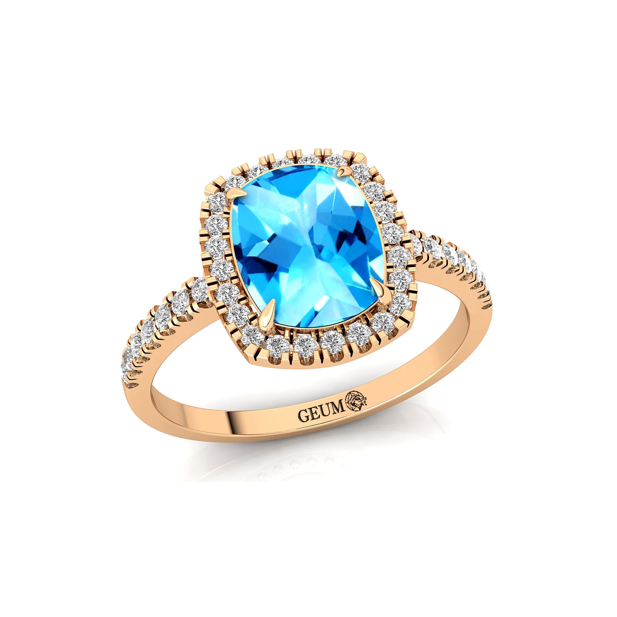 Elongated Cushion Halo Set Swiss Blue Topaz Engagement Ring with Diamond Band - GeumJewels