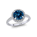 Classic Round Halo Diamonds with Solitaire London Blue Topaz Engagement Ring - GeumJewels
