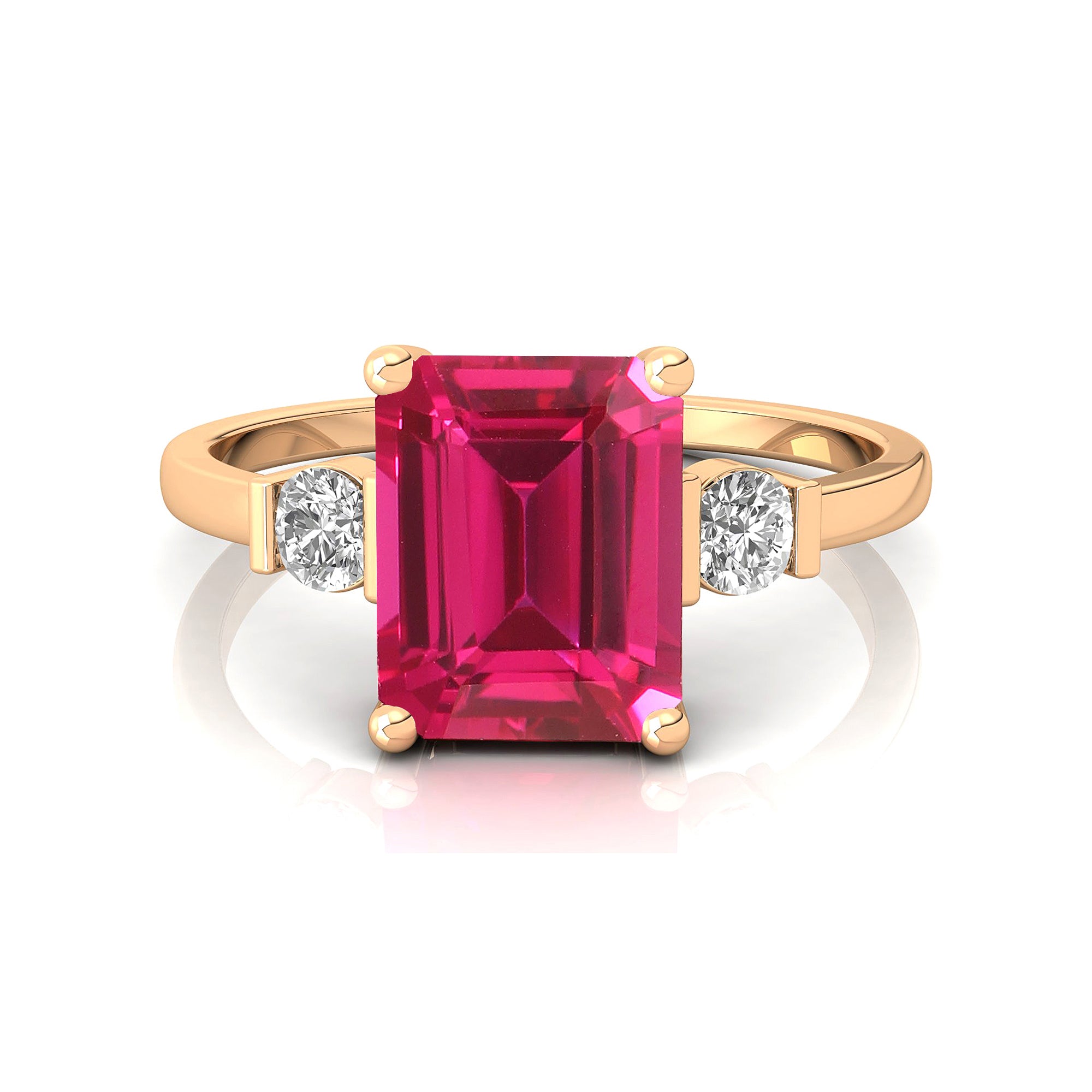 Emerald Cut Pink Sapphire and Diamond Three Stone Ring - GeumJewels
