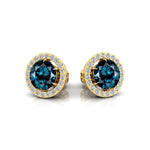 Round Solitaire London Blue Topaz Halo Diamond Stud Earrings - GeumJewels