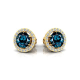 Round Solitaire London Blue Topaz Halo Diamond Stud Earrings - GeumJewels