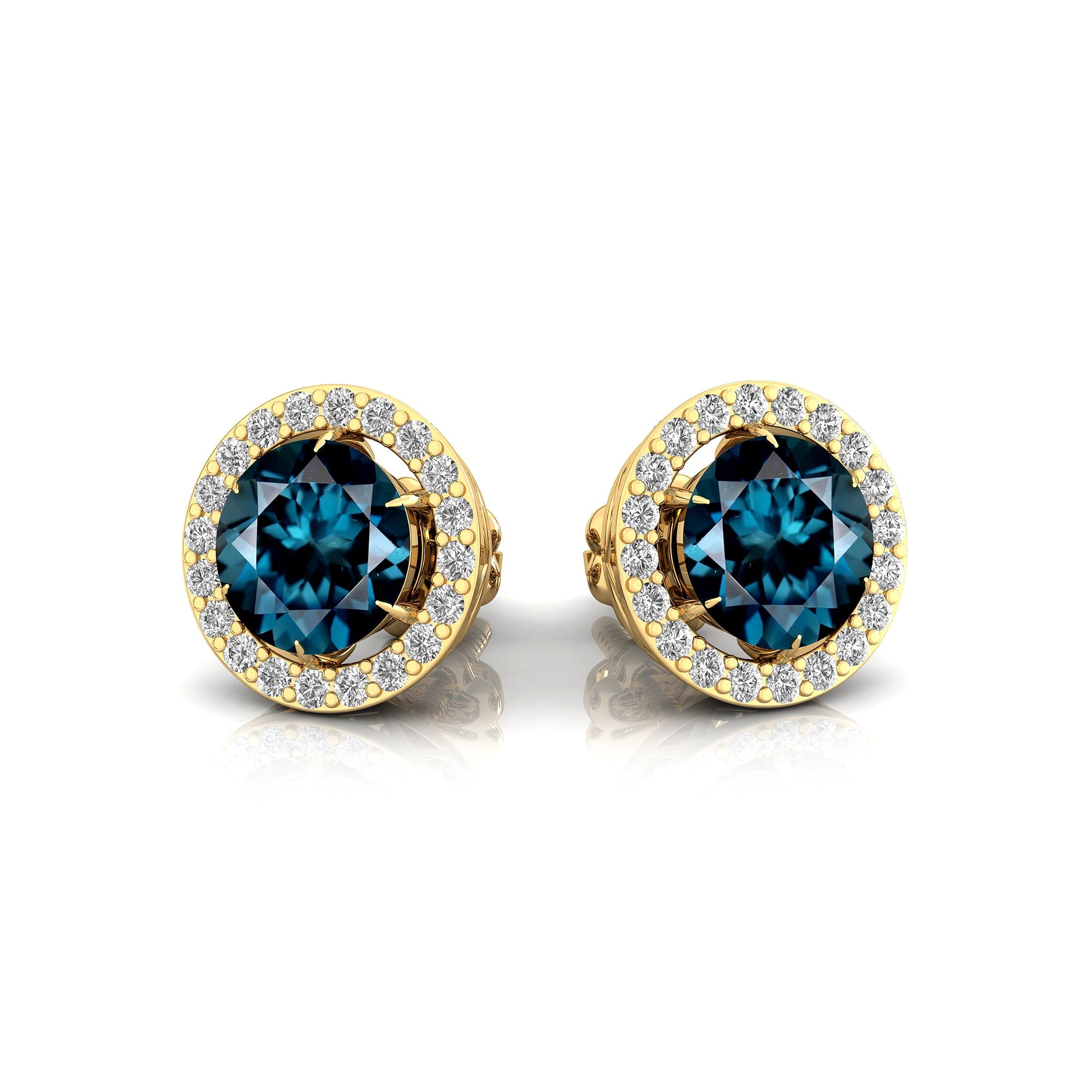 Round Solitaire London Blue Topaz Halo Diamond Stud Earrings - GeumJewels