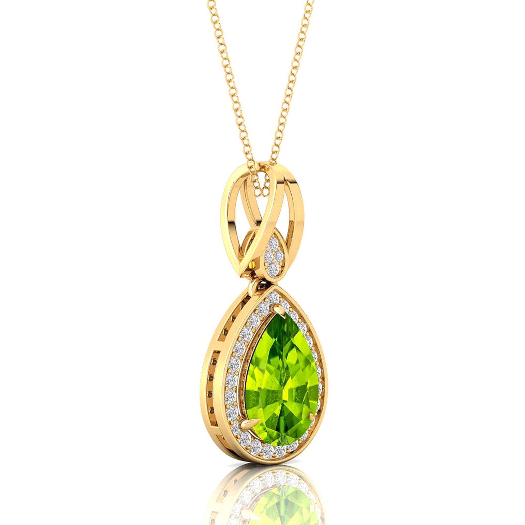 Classic Teardrop Shaped Peridot Halo Diamond Dangle Pendant - GeumJewels