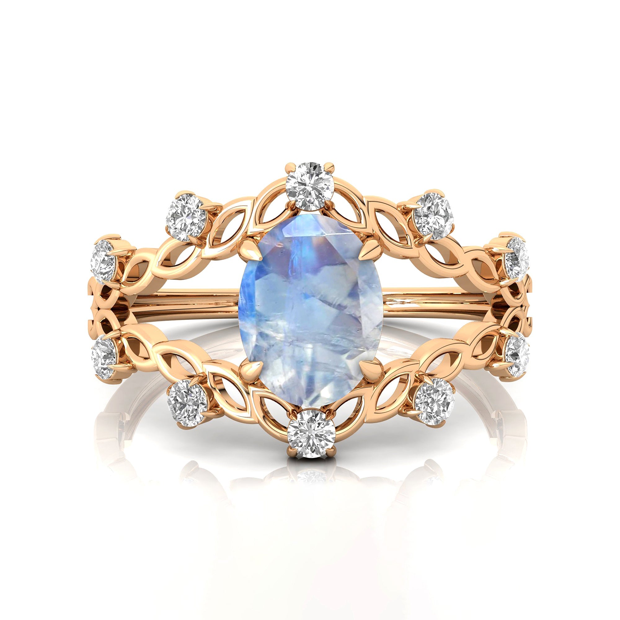 Flower Inspired Ring with Oval Shaped Moonstone and Accent Diamonds - GeumJewels