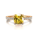 Yellow Sapphire Square Cushion Under Halo Diamonds Thin Ring with Diamond Band - GeumJewels
