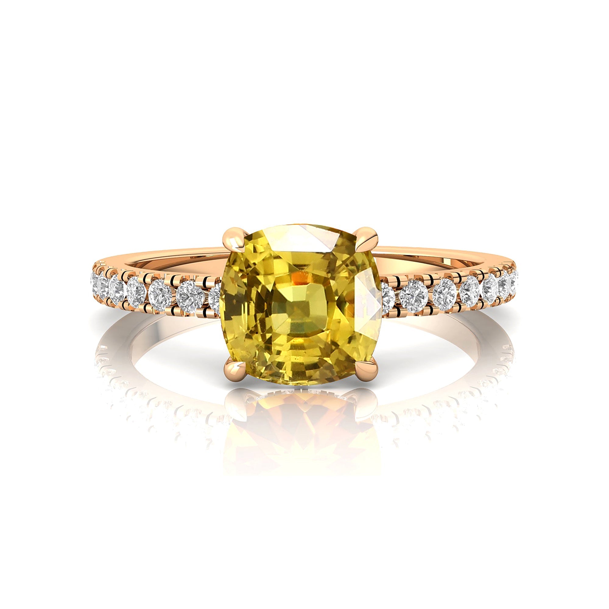 Yellow Sapphire Square Cushion Under Halo Diamonds Thin Ring with Diamond Band - GeumJewels