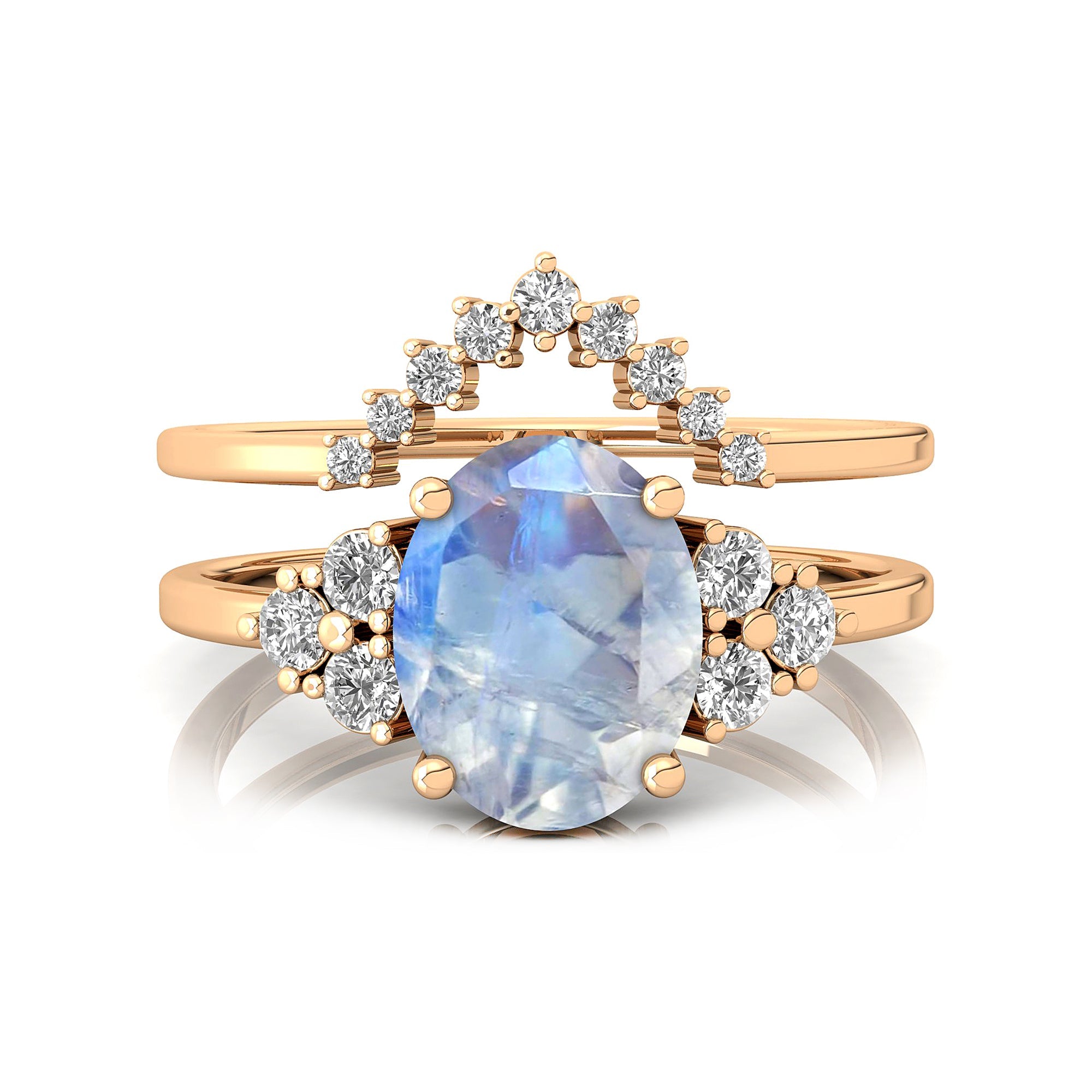 Rainbow Moonstone Gold Ring with Stackable Diamond Band - GeumJewels