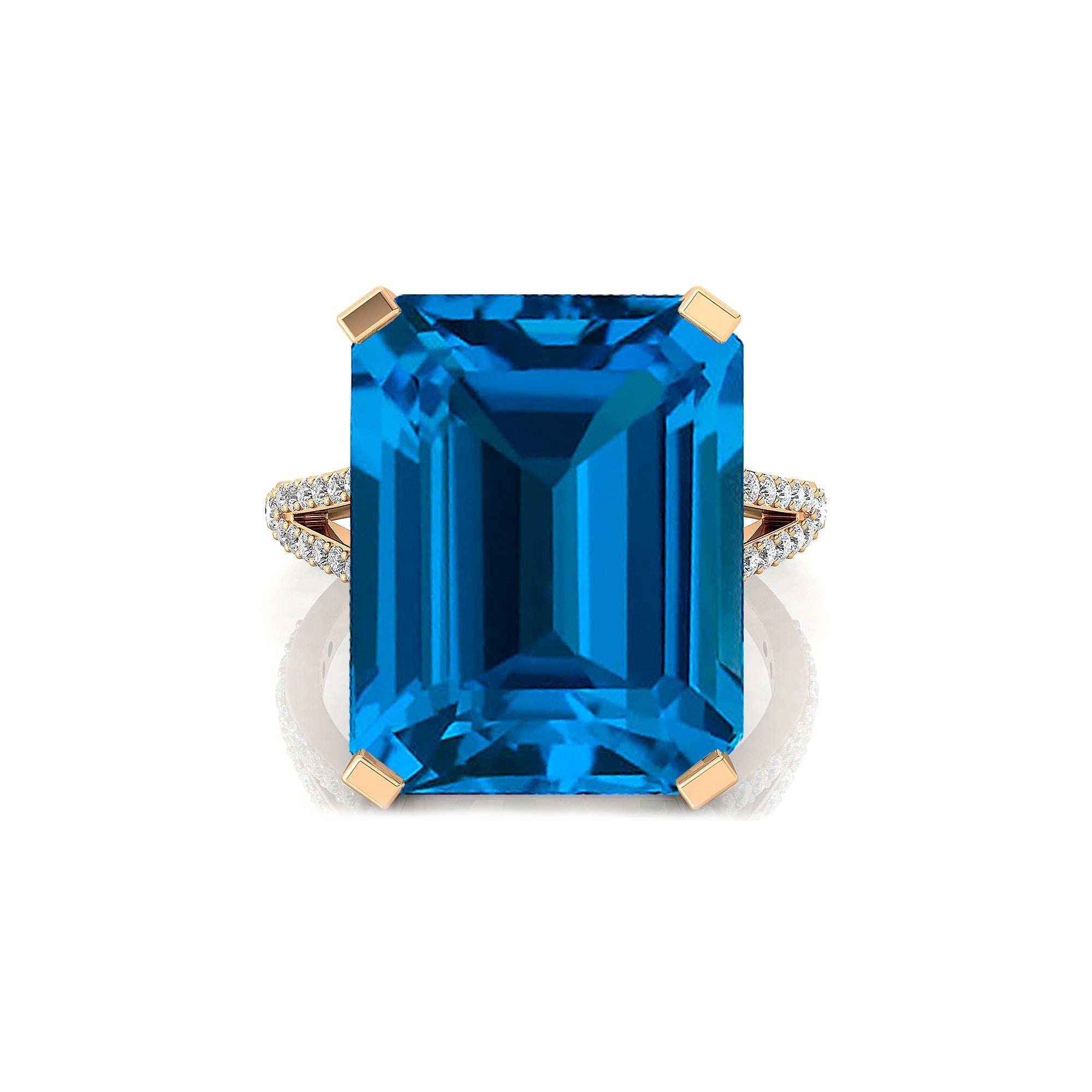 Emerald Cut London Blue Topaz Split Shank Engagement Ring with Diamonds - GeumJewels