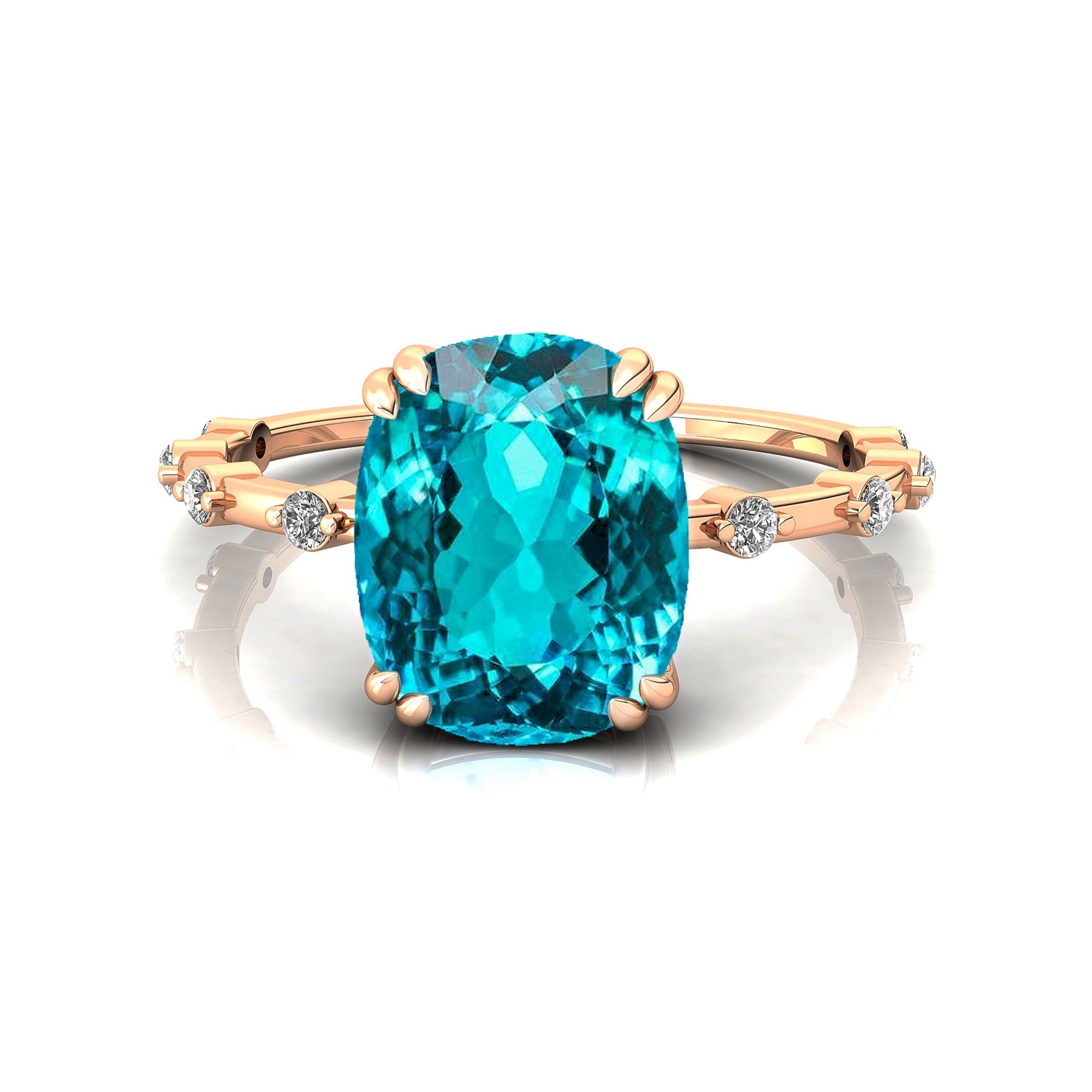 Cushion Cut Paraiba Tourmaline Engagement Ring with Distant Diamond Band - GeumJewels