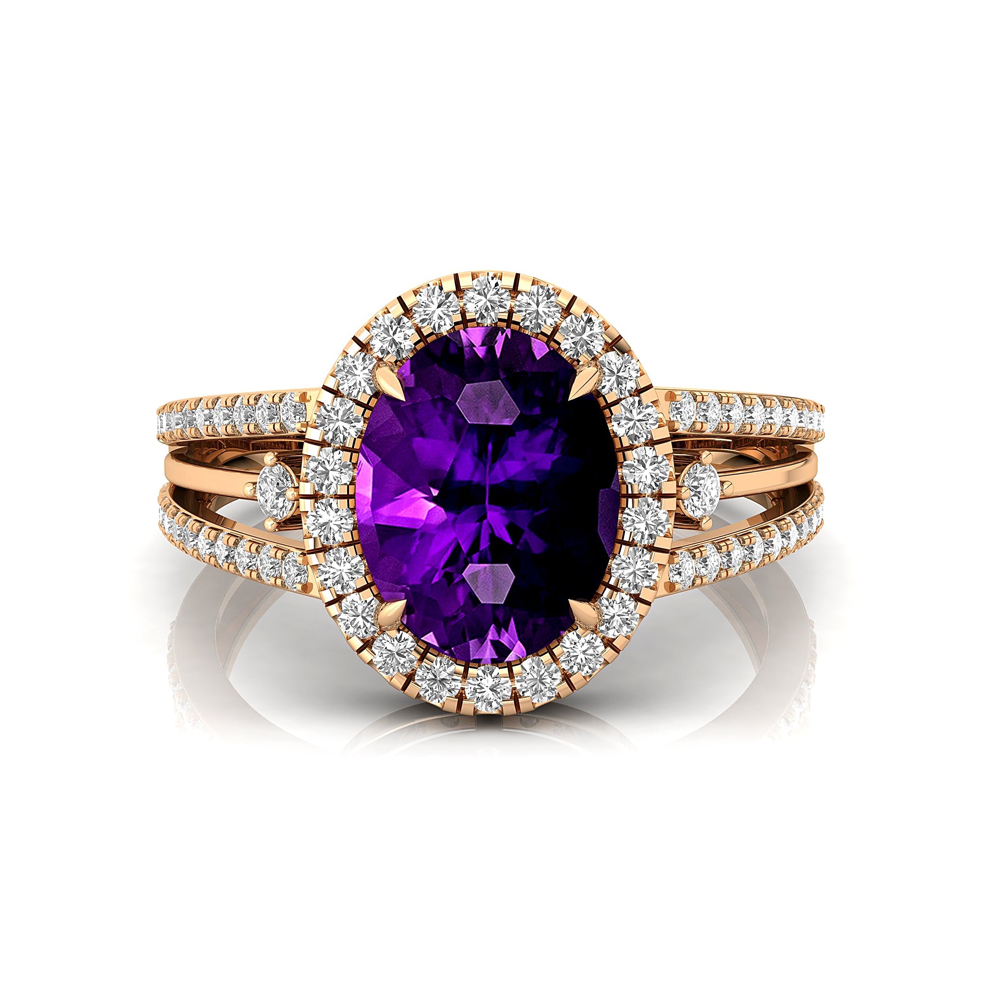 Solitaire Oval Amethyst Split Shank Diamond Engagement Ring - GeumJewels