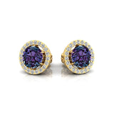 Round Solitaire Alexandrite Halo Diamond Stud Earrings - GeumJewels