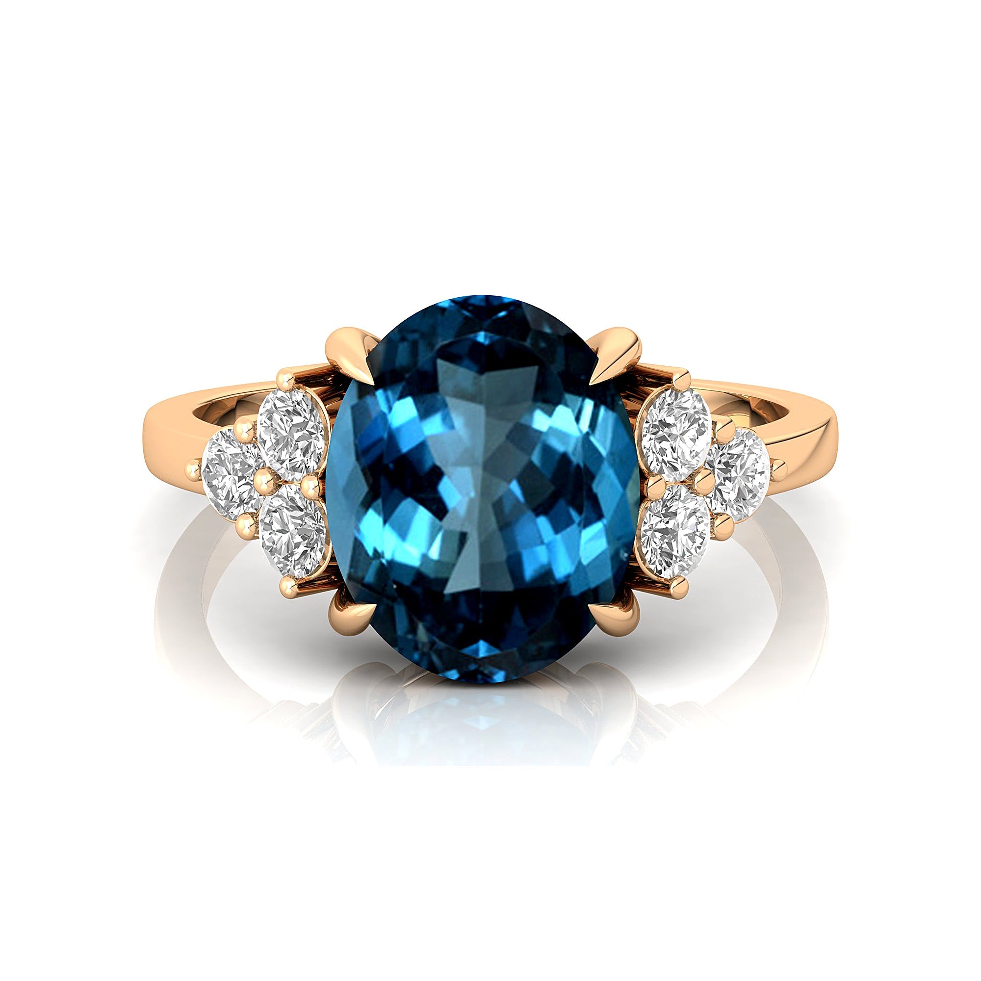 Trio Diamond Engagement Ring with Oval Cut London Blue Topaz - GeumJewels