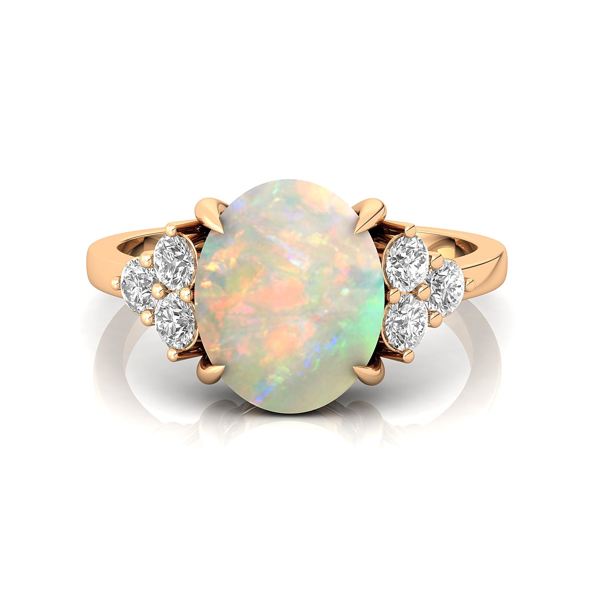 Trio Diamond Engagement Ring with Oval Cut Opal - GeumJewels