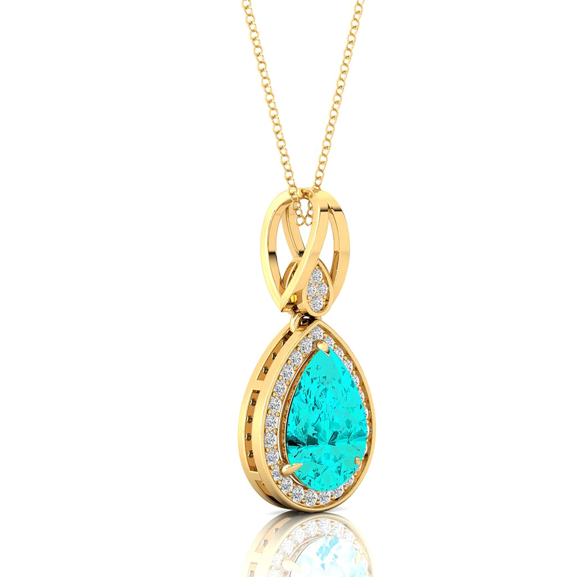 Classic Teardrop Shaped Paraiba Tourmaline Halo Diamond Dangle Pendant - GeumJewels