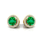 Round Solitaire Emerald Halo Diamond Stud Earrings - GeumJewels