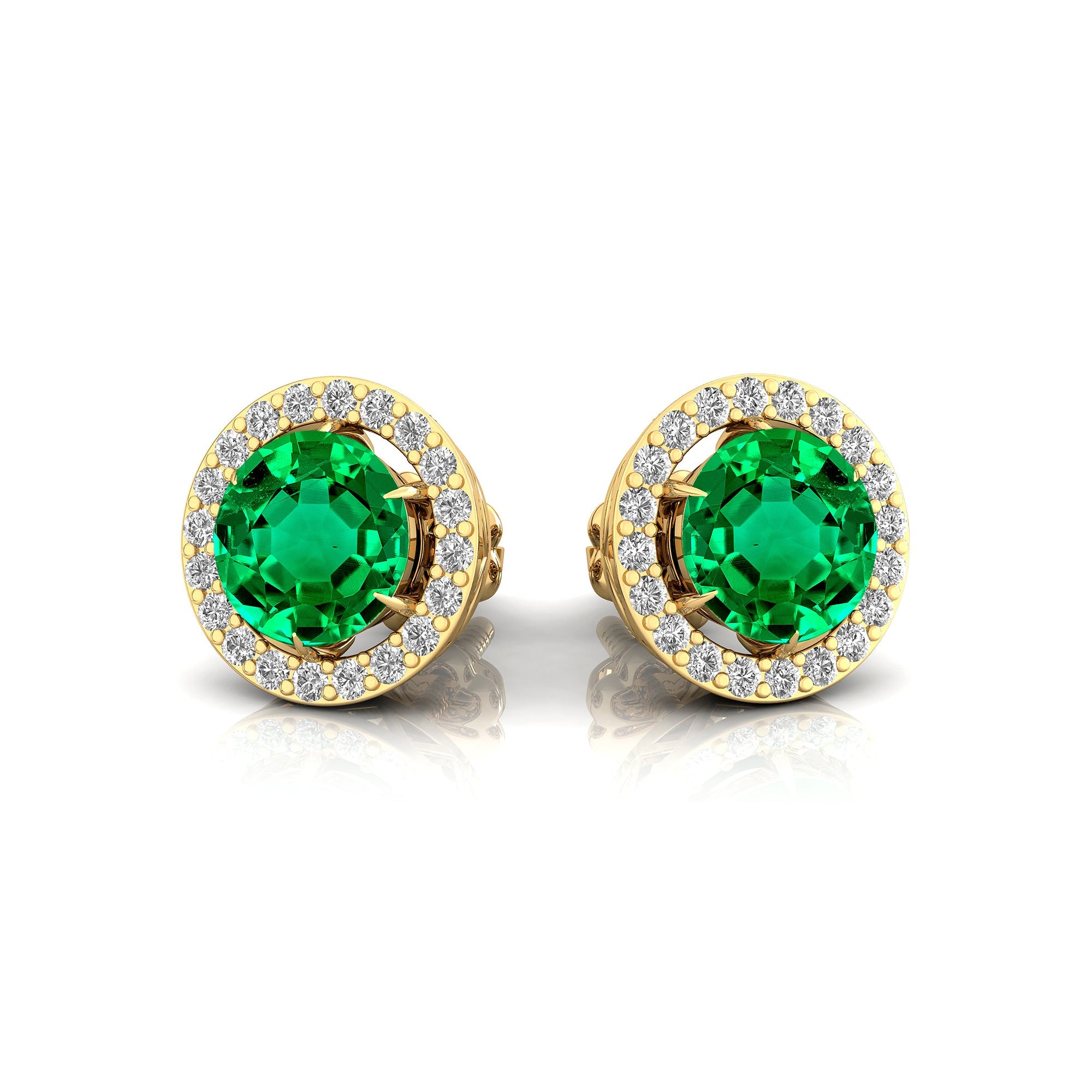 Round Solitaire Emerald Halo Diamond Stud Earrings - GeumJewels