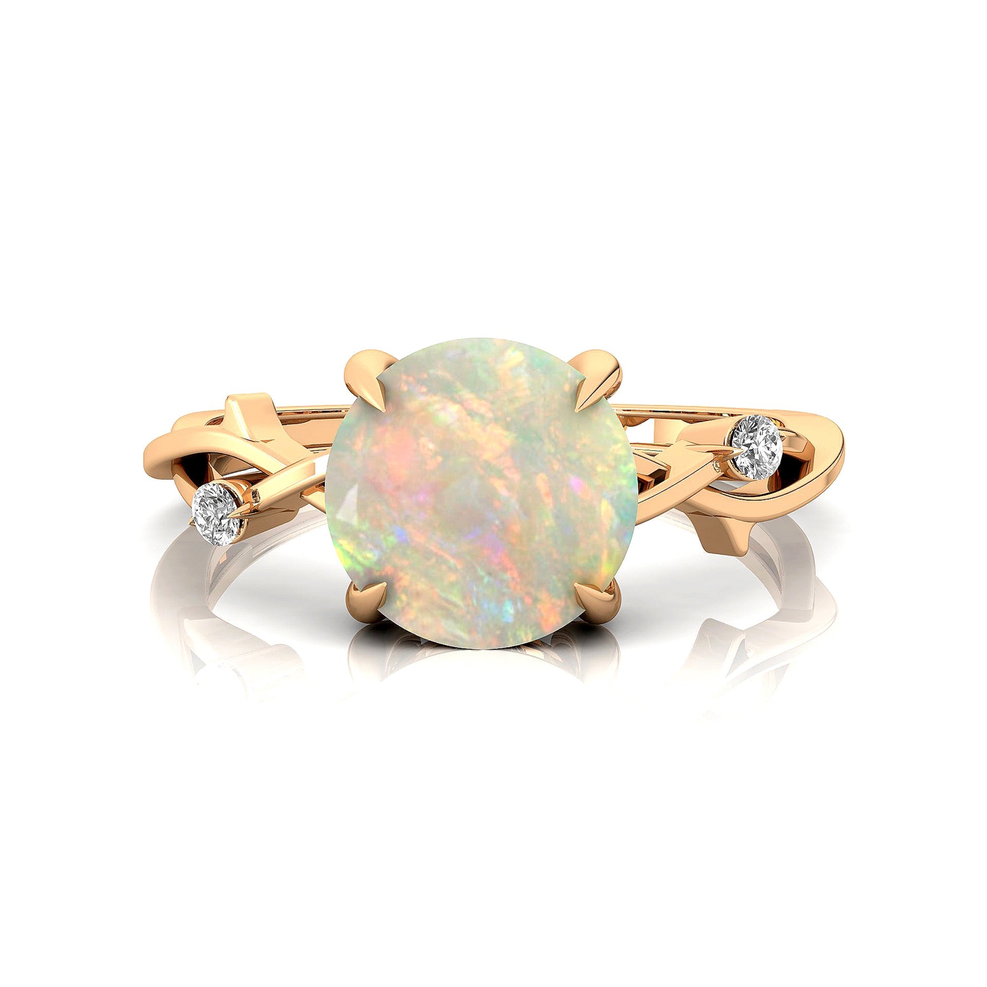 Criss Cross Nature Inspired Diamond Ring  with Round Opal - GeumJewels