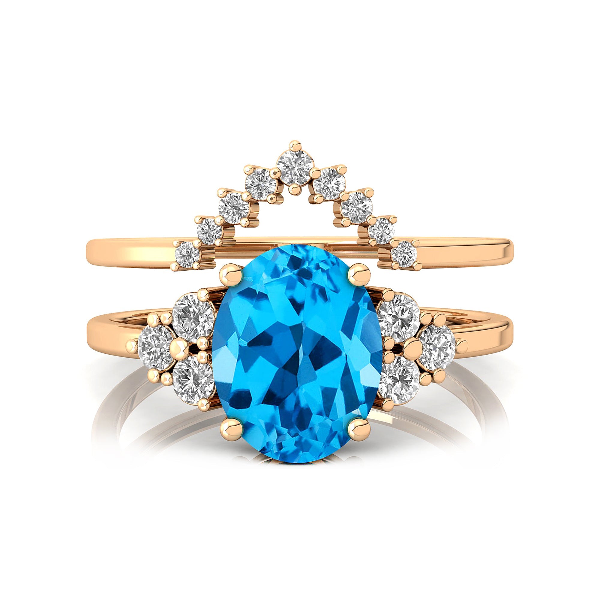 Swiss Topaz Solitaire Gold Ring With Stackable Diamond Band - GeumJewels