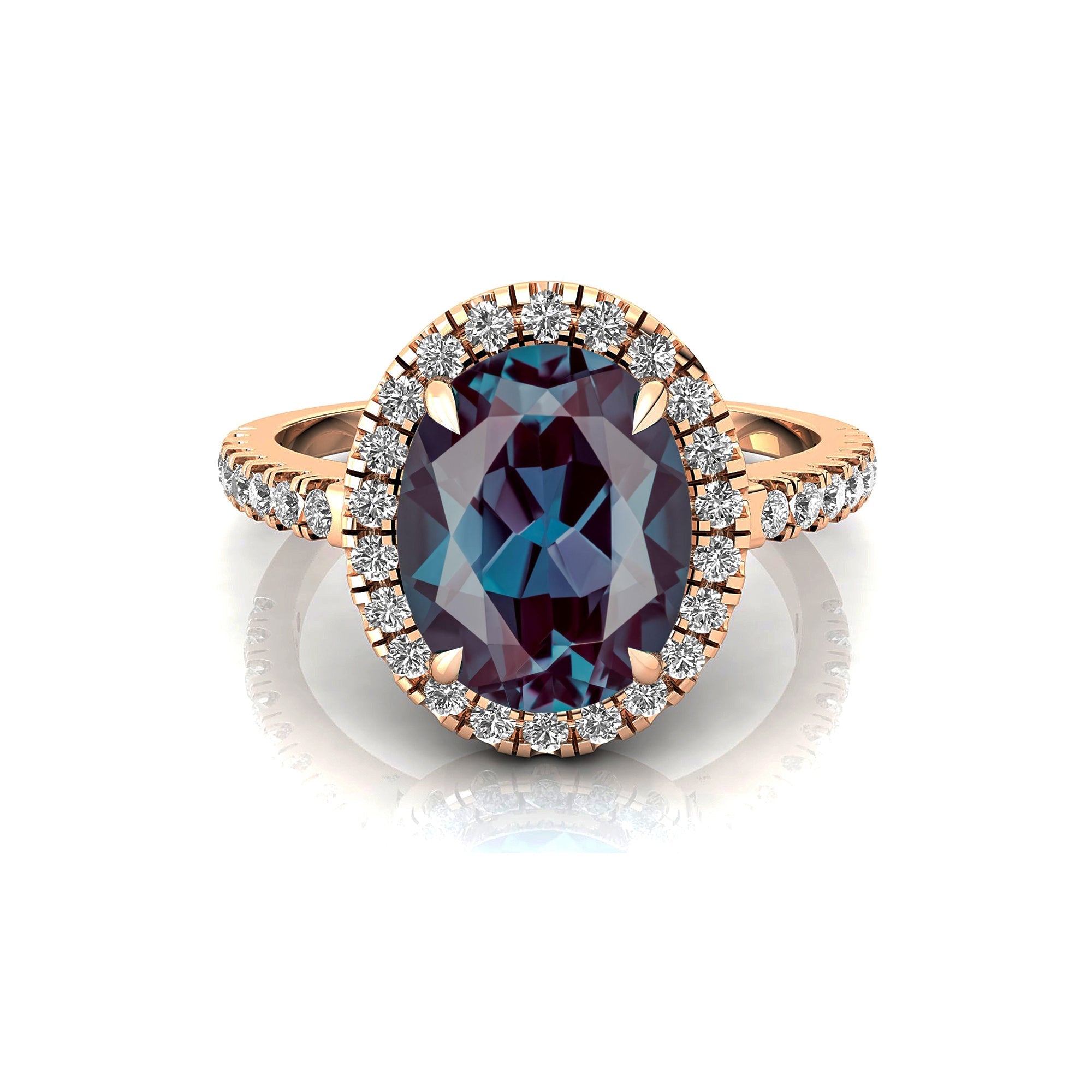 Oval Solitaire Alexandrite Halo Diamond Engagement Ring - GeumJewels