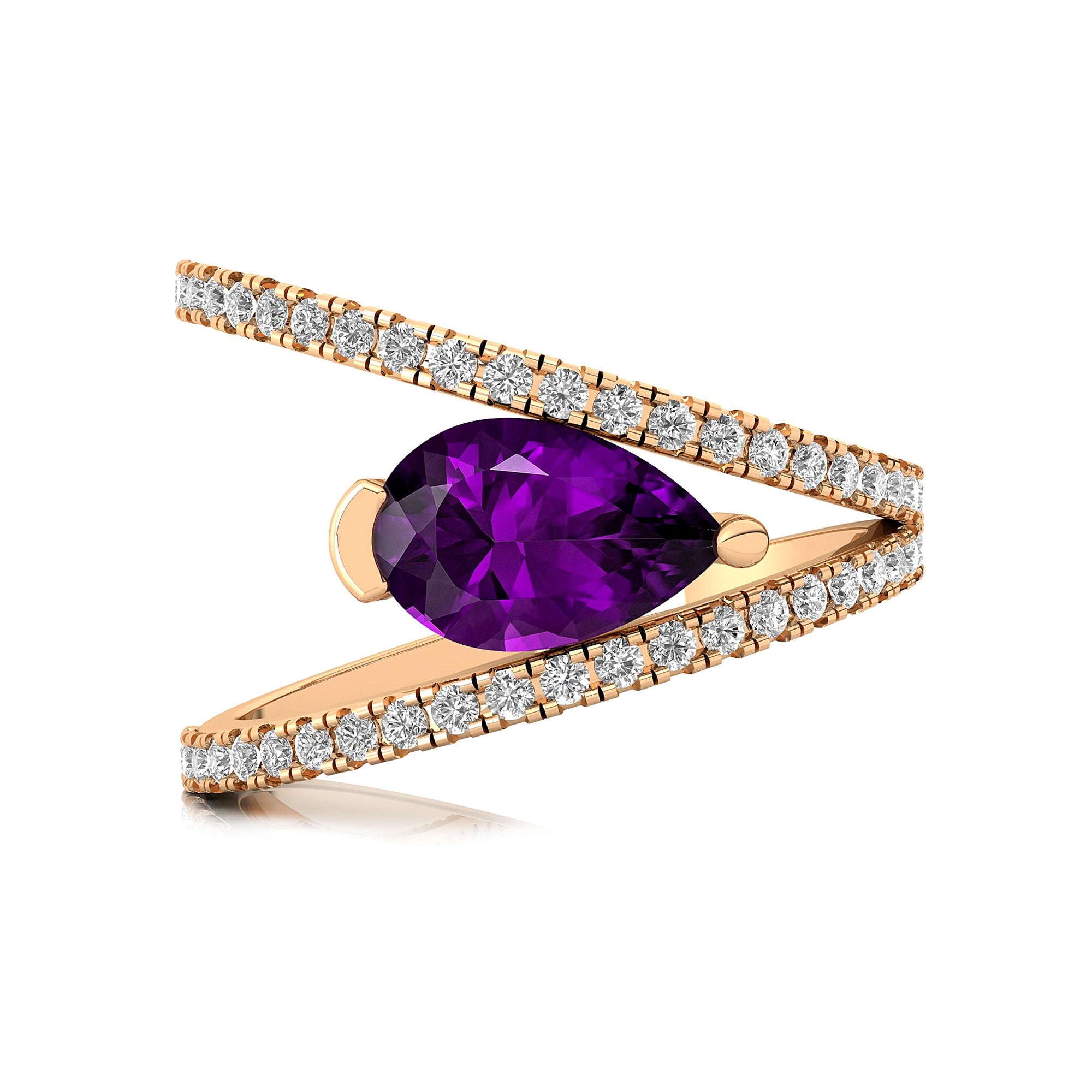 Fashionable V Shaped Diamond Ring with Pear Cut Amethyst - GeumJewels