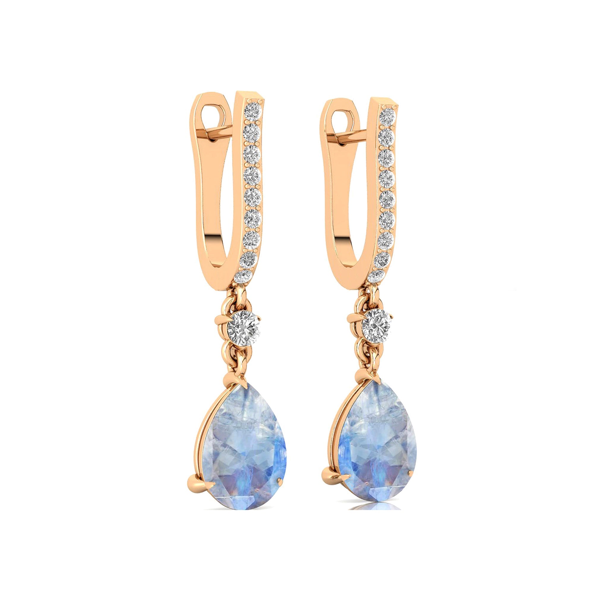 Lever Back Diamond Drop Earrings with Pear Cut Moonstone - GeumJewels