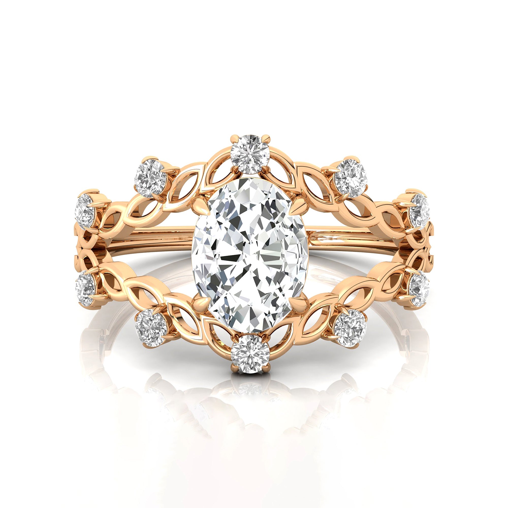 Flower Inspired Ring with Oval Shaped Lab Diamond and Accent Diamonds - GeumJewels