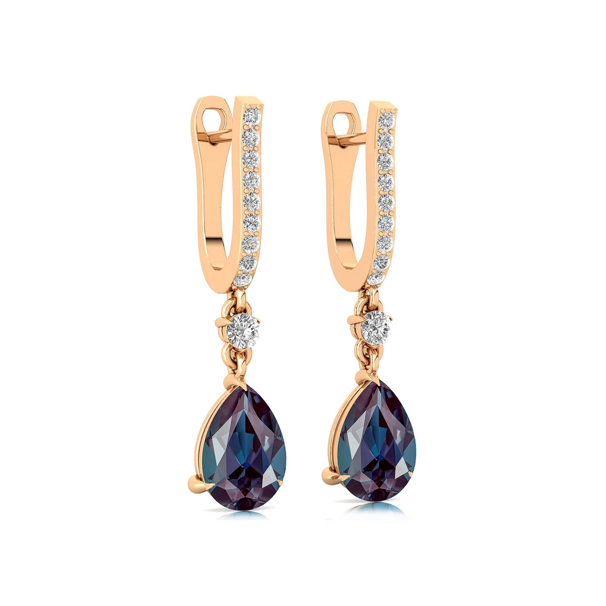 Lever Back Diamond Drop Earrings with Pear Cut Alexandrite - GeumJewels