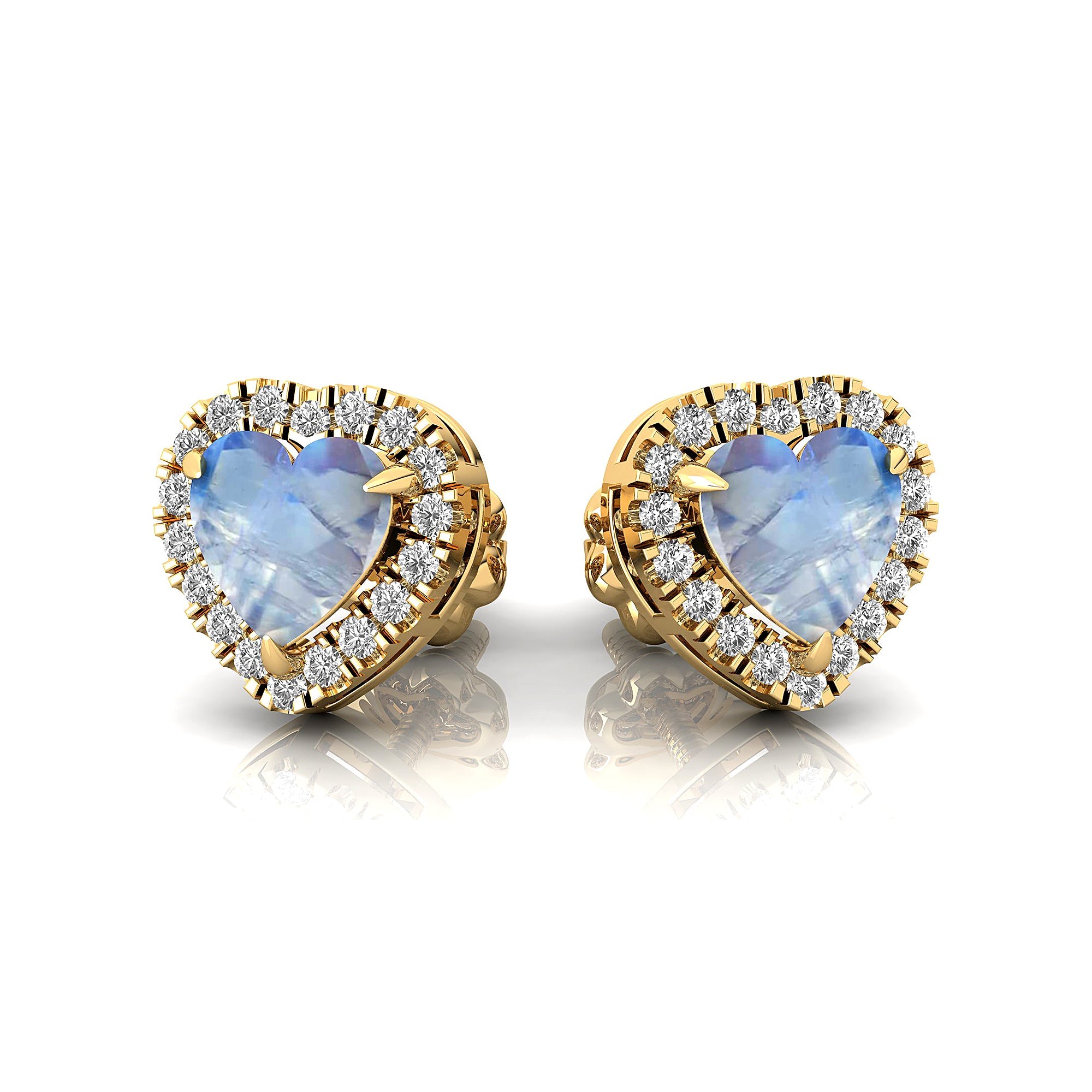 Heart Shaped Moonstone Halo Diamond Stud Earrings - GeumJewels