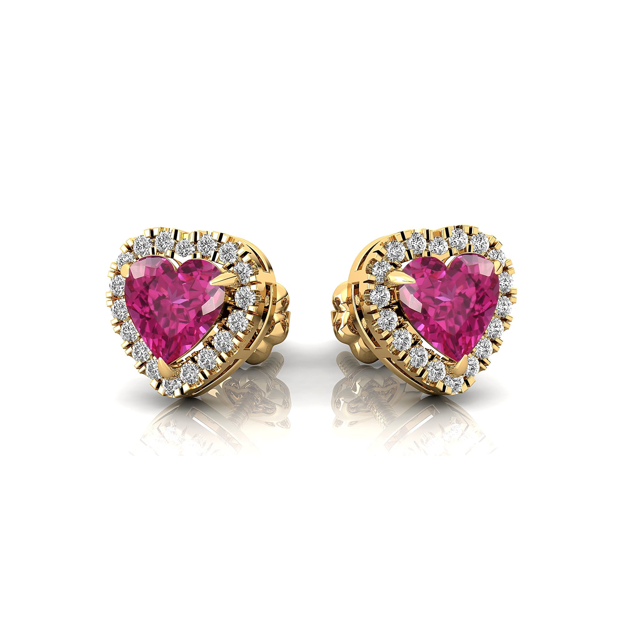 Heart Shaped Pink Sapphire Halo Diamond Stud Earrings - GeumJewels