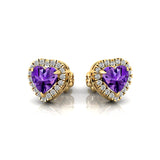 Heart Shaped Amethyst Halo Diamond Stud Earrings - GeumJewels